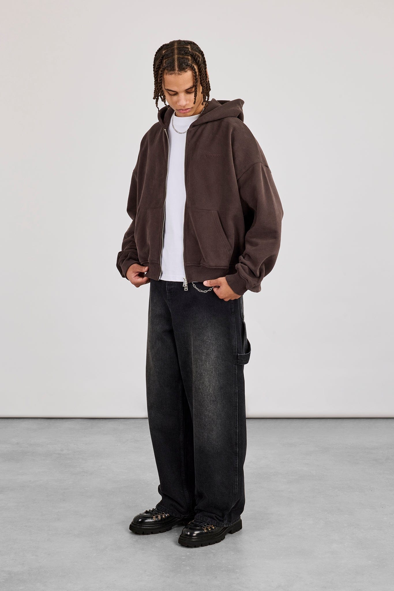 Cernucci Zip Through Boxy Hoodie - Coffee — S — Back View