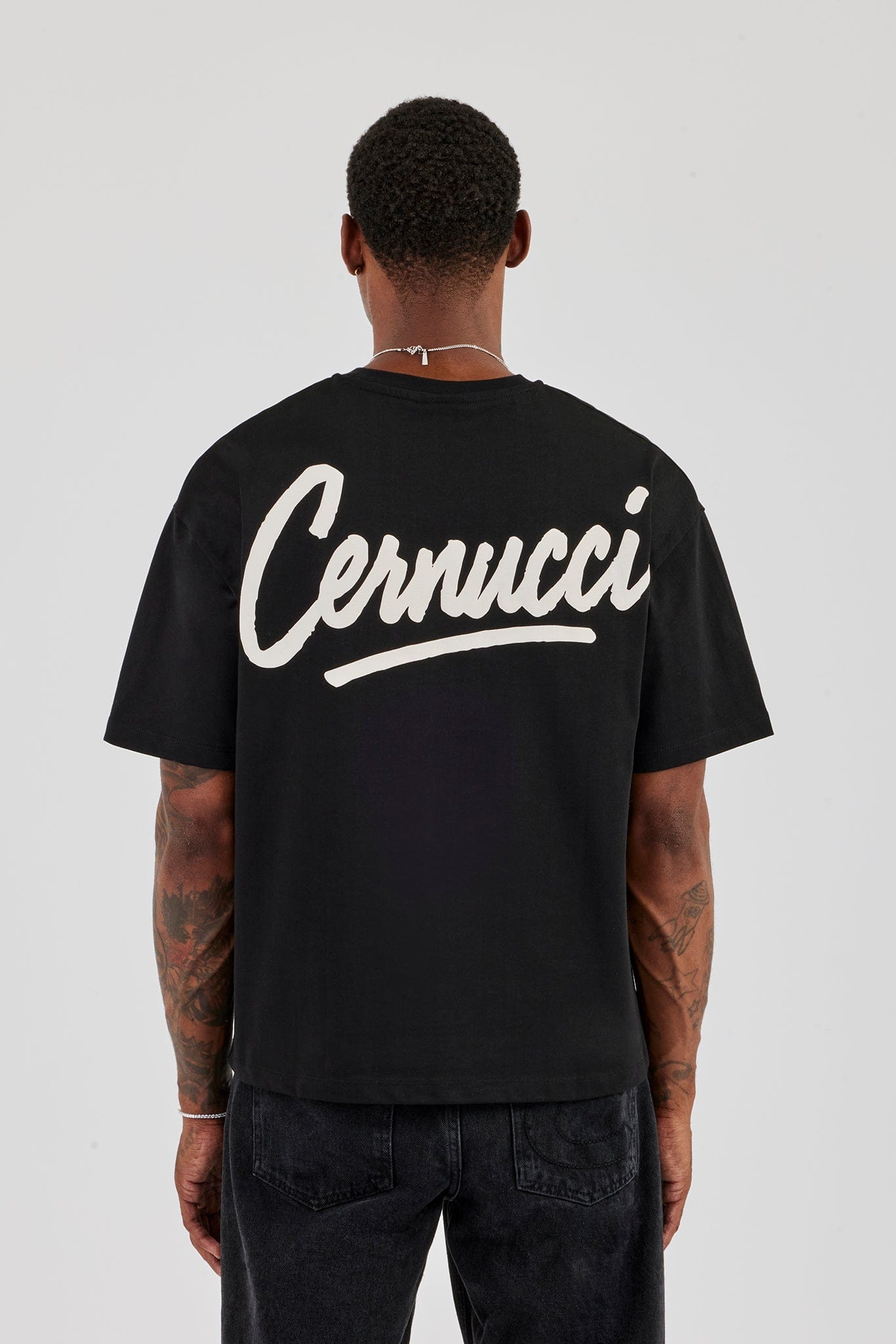 Cernucci Script Back Print T-Shirt - Black — S — Top View