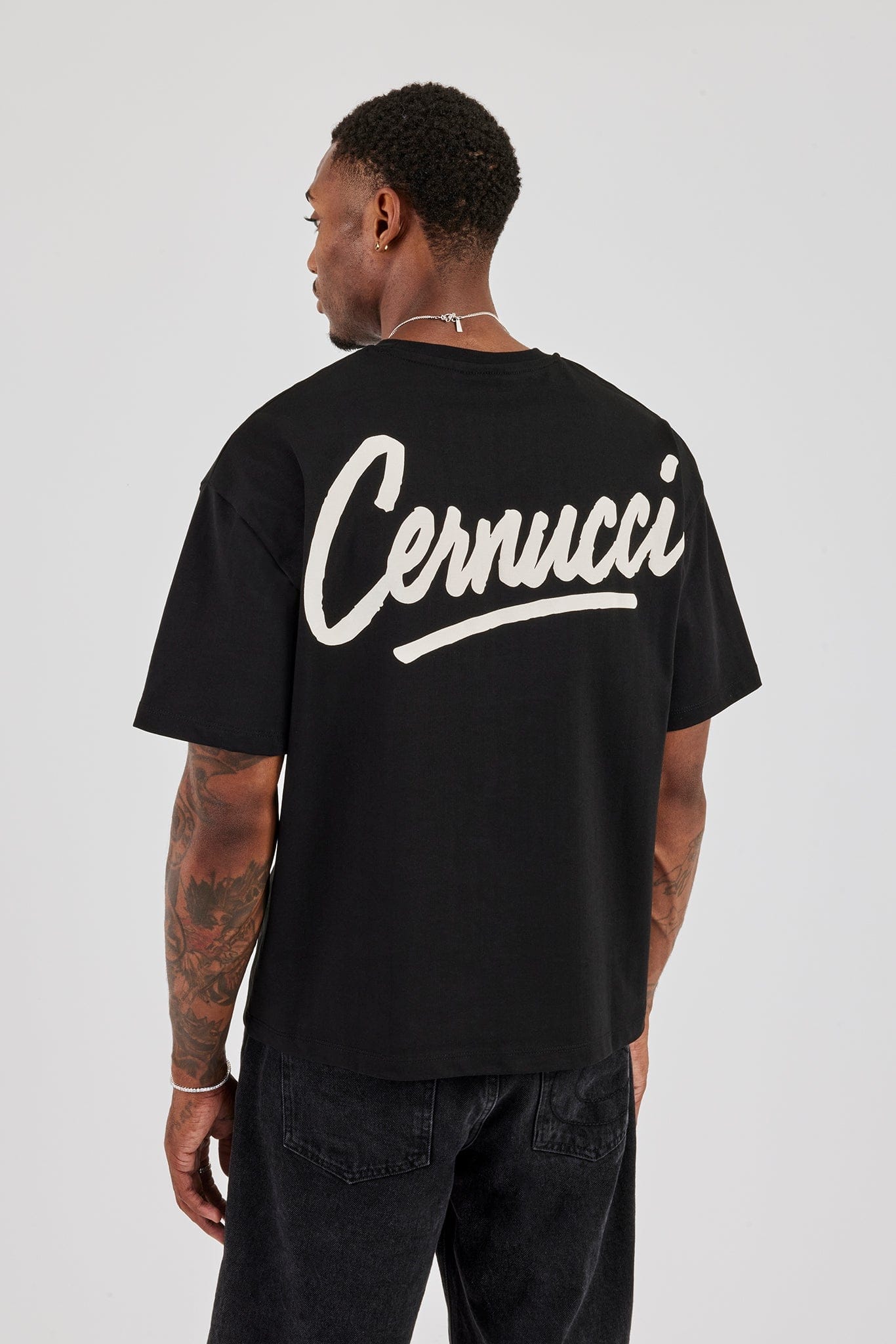 Cernucci Script Back Print T-Shirt - Black — S — Front View