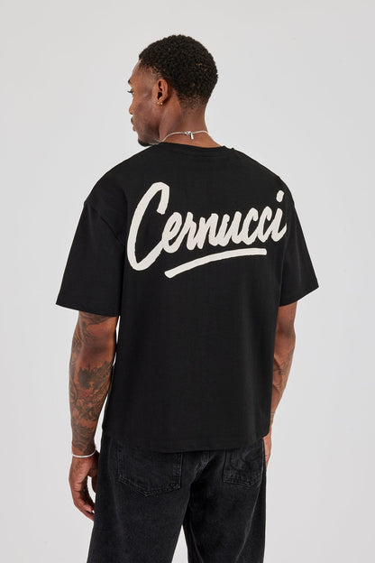 Cernucci Script Back Print T-Shirt - Black — S — Front View