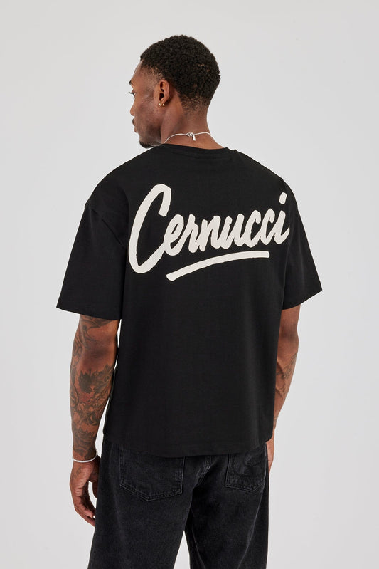 Cernucci Script Back Print T-Shirt - Black — S — Front View
