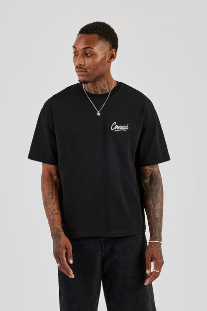 Cernucci Script Back Print T-Shirt - Black — S — Side View