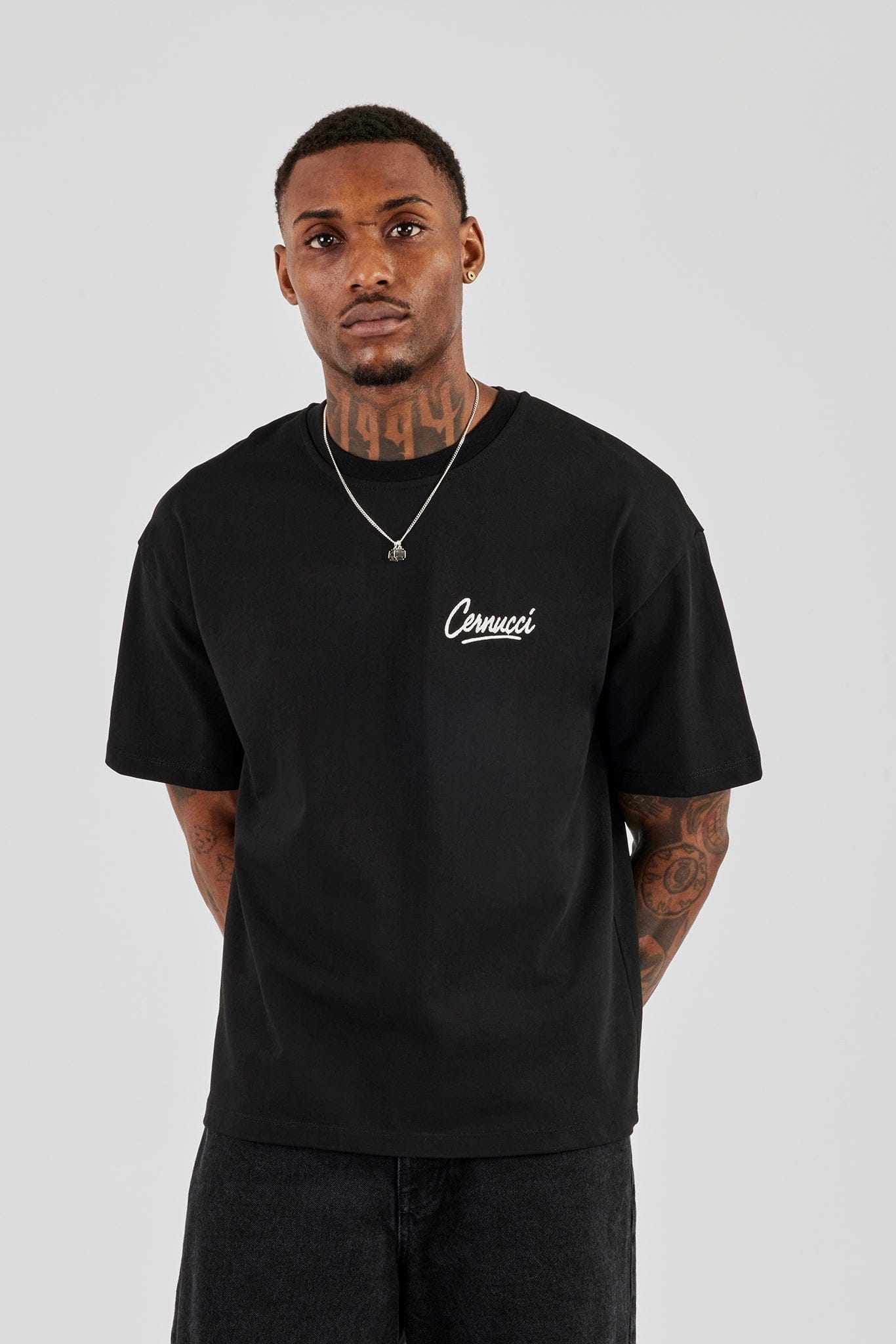 Cernucci Script Back Print T-Shirt - Black — S — Back View