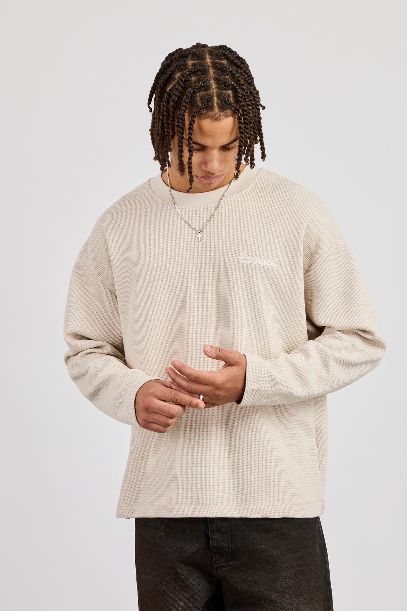 Cernucci Waffle Long Sleeve T-Shirt - Stone — S — Front View