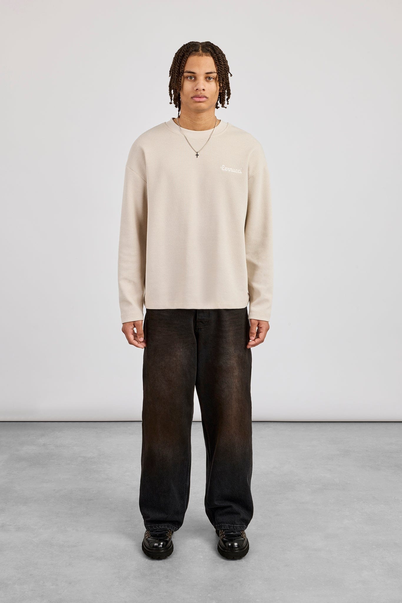 Cernucci Waffle Long Sleeve T-Shirt - Stone — S — Top View