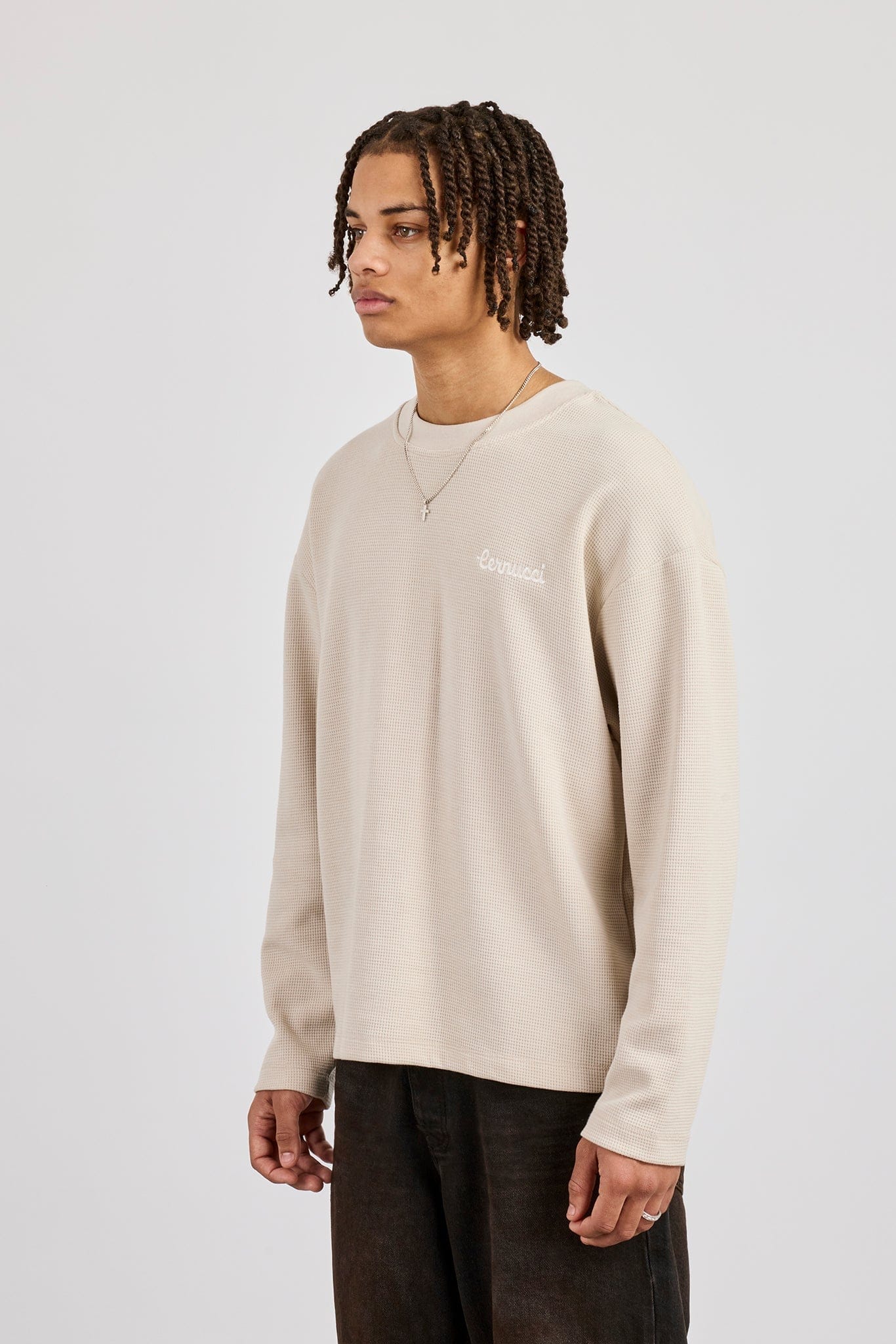 Cernucci Waffle Long Sleeve T-Shirt - Stone — S — Side View