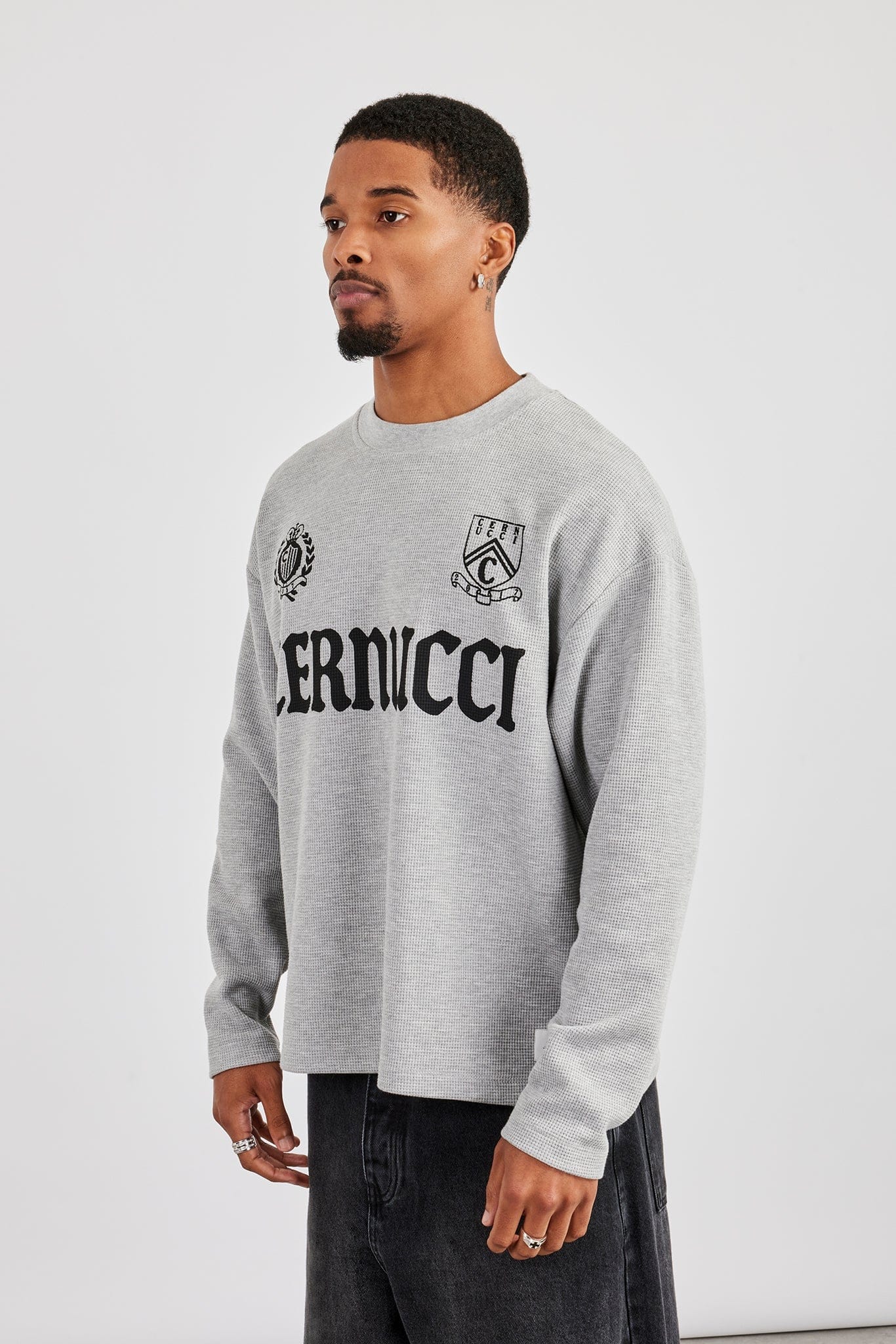 Cernucci Long Sleeve Waffle Print T-Shirt - Grey — S — Side View