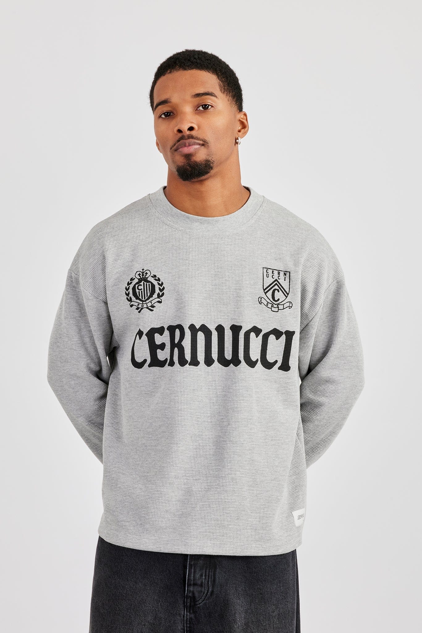 Cernucci Long Sleeve Waffle Print T-Shirt - Grey — S — Back View