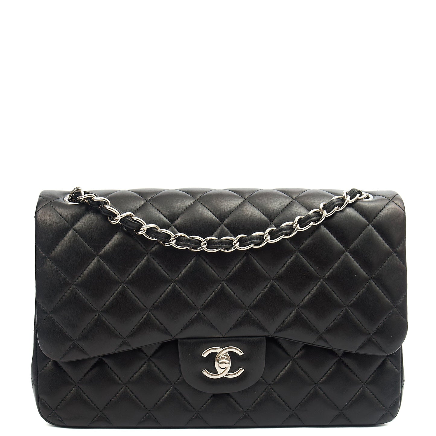 Chanel Shoulder Bag Classic Double Flap - Large in Black, Lambskin Leather — Front View