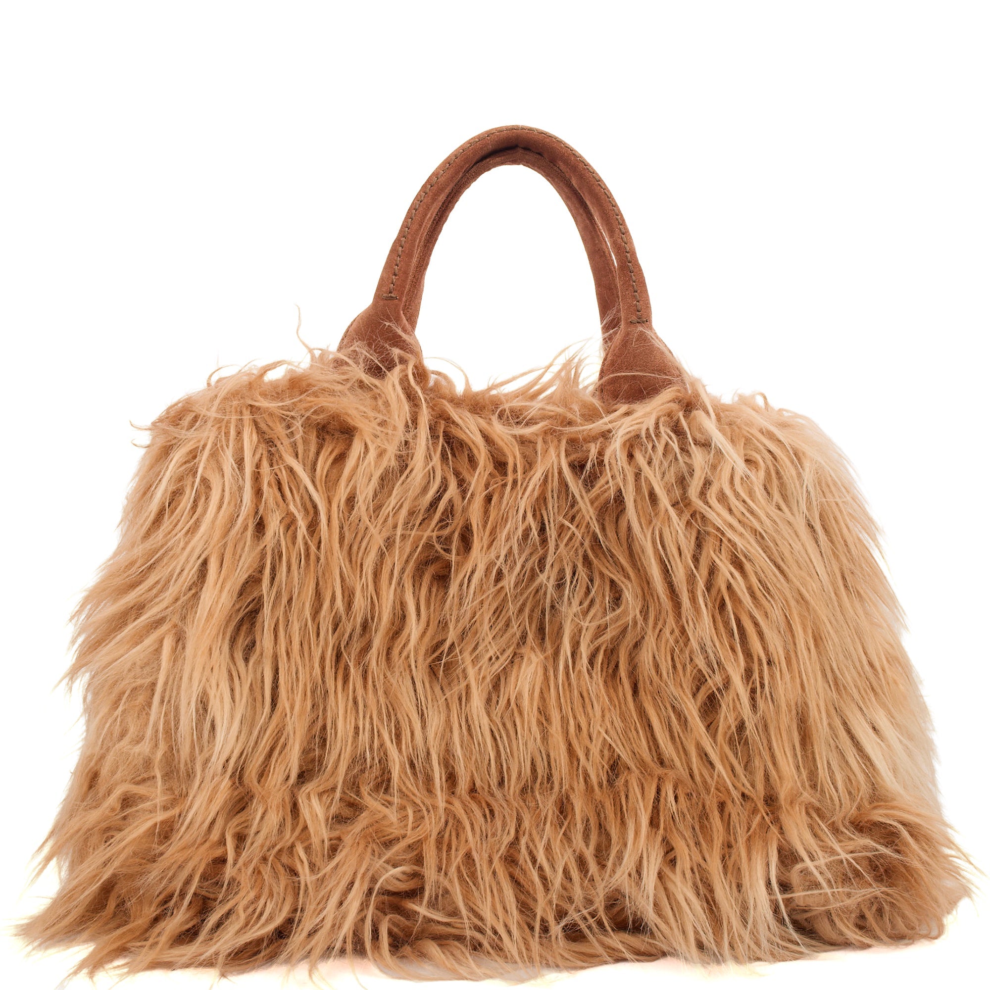 Prada Tote Borsa a Mano Vitello Phenix in Brown, Faux Fur — Top View