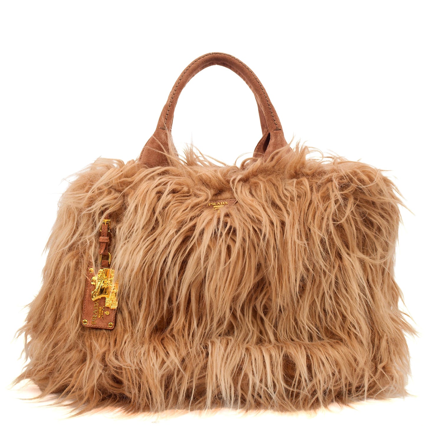 Prada Tote Borsa a Mano Vitello Phenix in Brown, Faux Fur — Front View