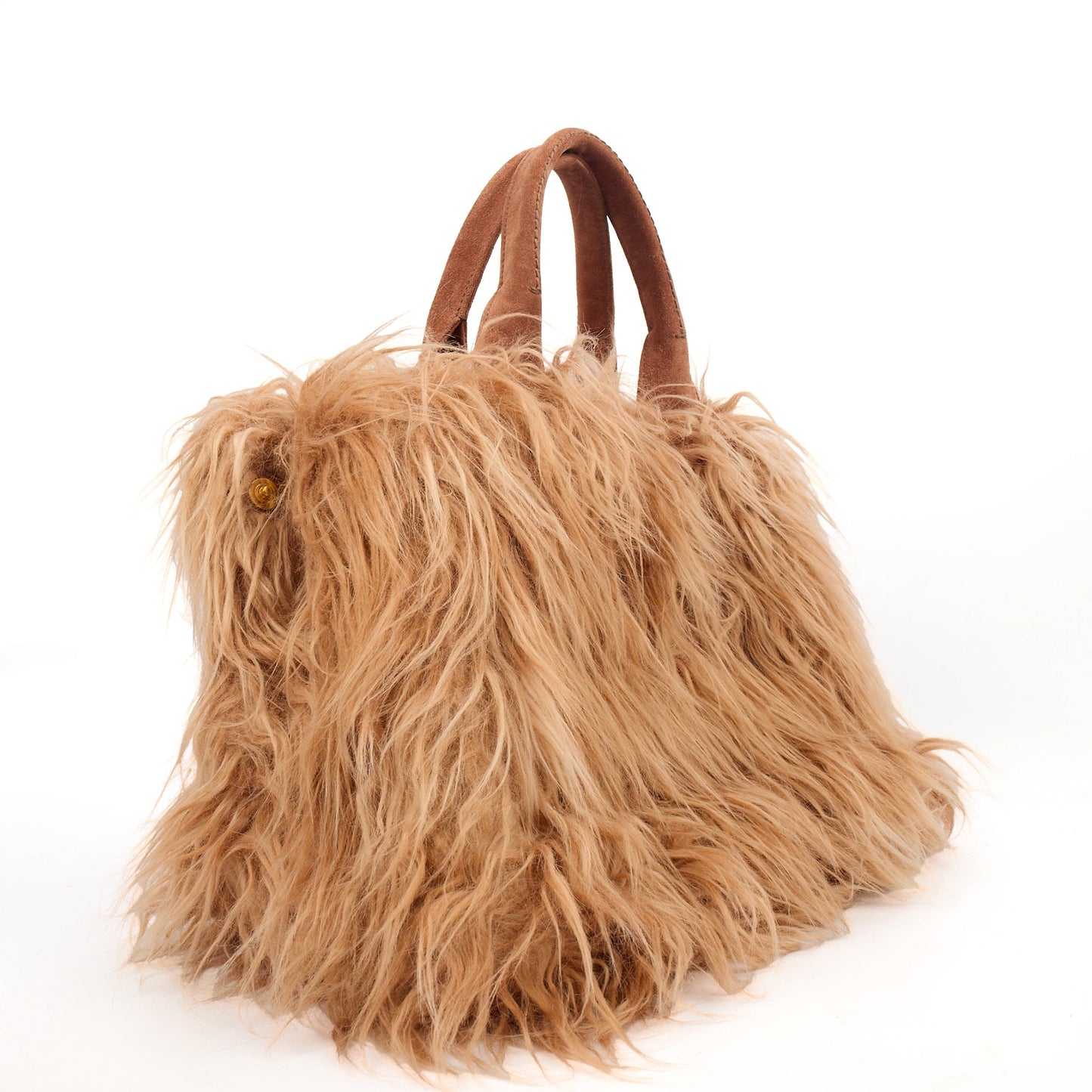 Prada Tote Borsa a Mano Vitello Phenix in Brown, Faux Fur — Back View