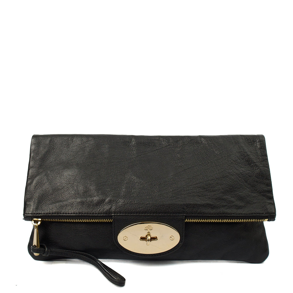 Mulberry Clutch Postman's Lock Clutch in Black, Calfskin Leather — Front View
