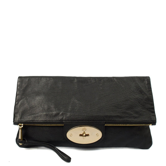 Mulberry Clutch Postman's Lock Clutch in Black, Calfskin Leather — Front View