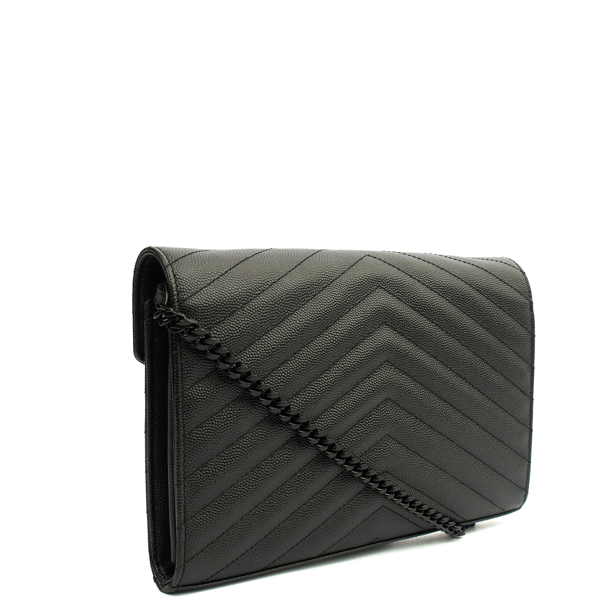 Saint Laurent Cross Body Envelope Chain Wallet in Black, Leather — Side View
