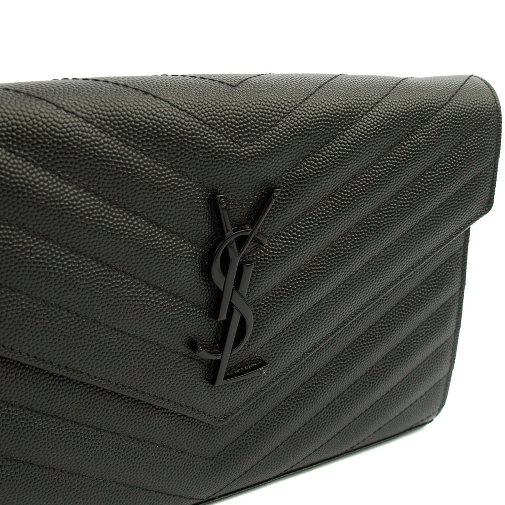Saint Laurent Cross Body Envelope Chain Wallet in Black, Leather — Detail View
