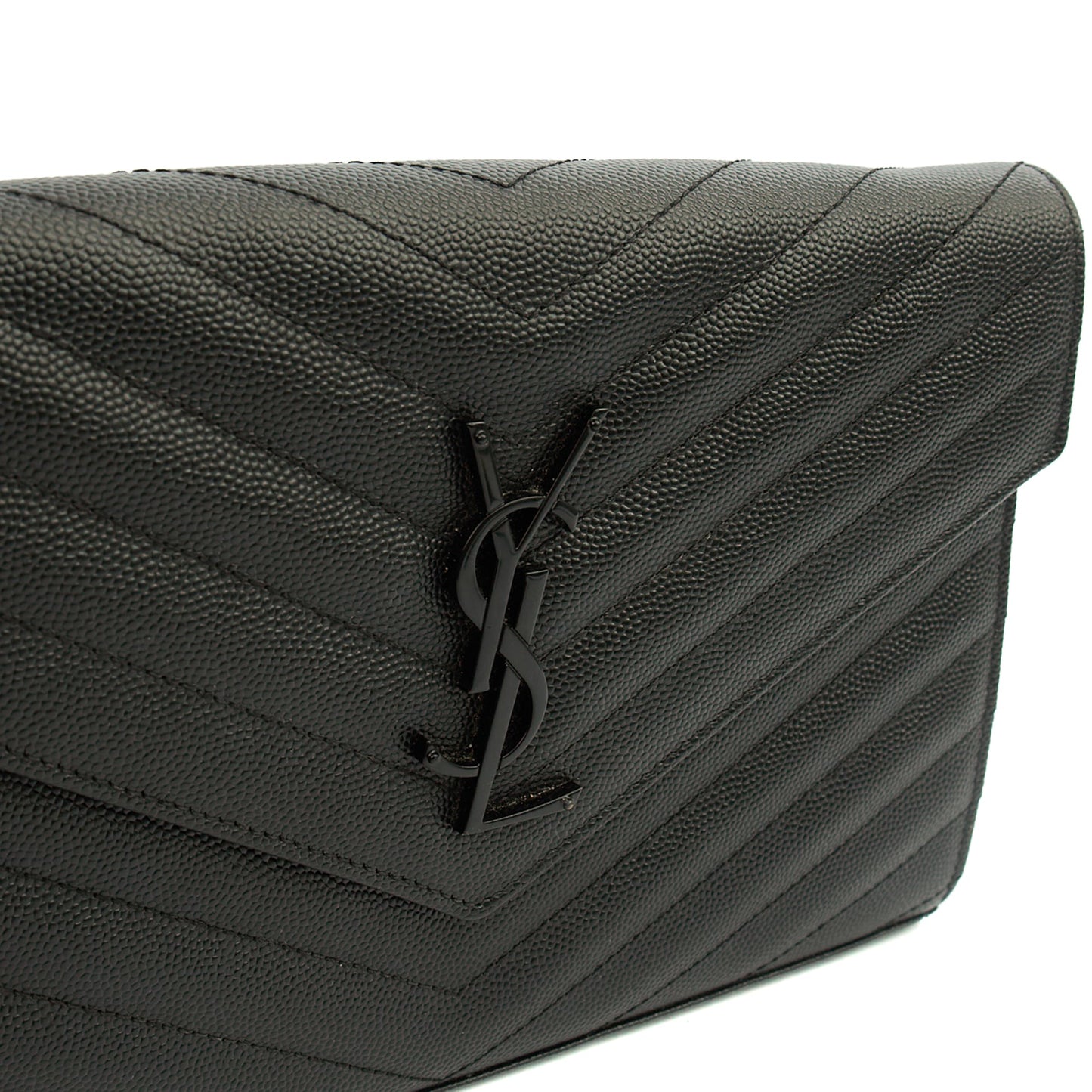 Saint Laurent Cross Body Envelope Chain Wallet in Black, Leather — Detail View