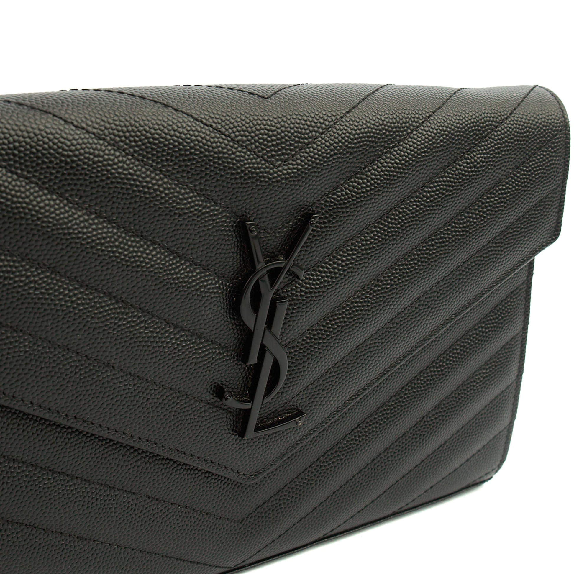 Saint Laurent Cross Body Envelope Chain Wallet in Black, Leather — Detail View
