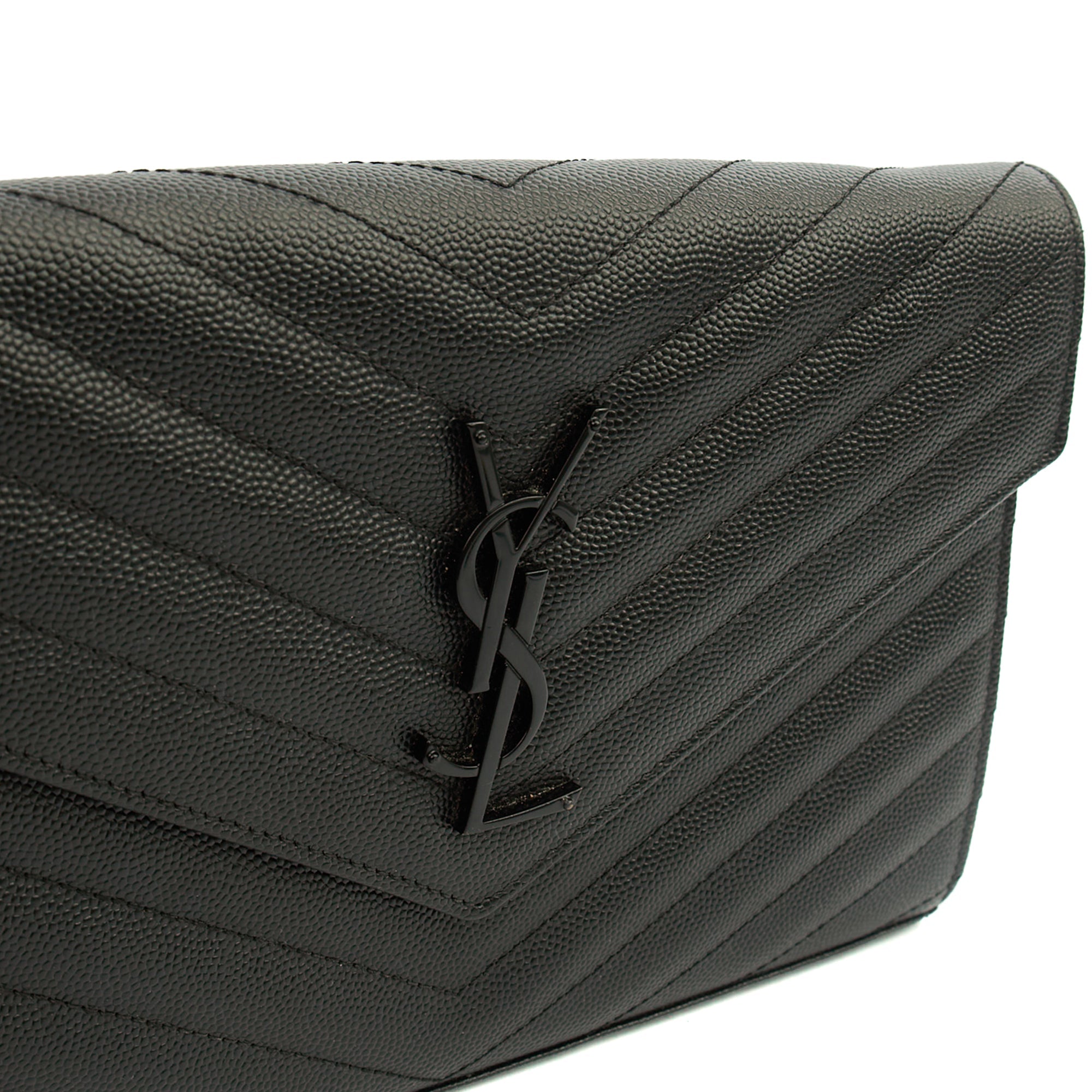 Saint Laurent Cross Body Envelope Chain Wallet in Black, Leather — Detail View