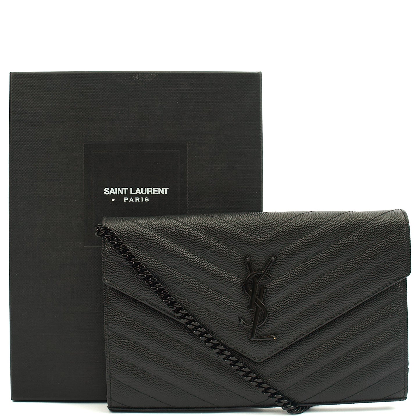 Saint Laurent Cross Body Envelope Chain Wallet in Black, Leather — Lifestyle View