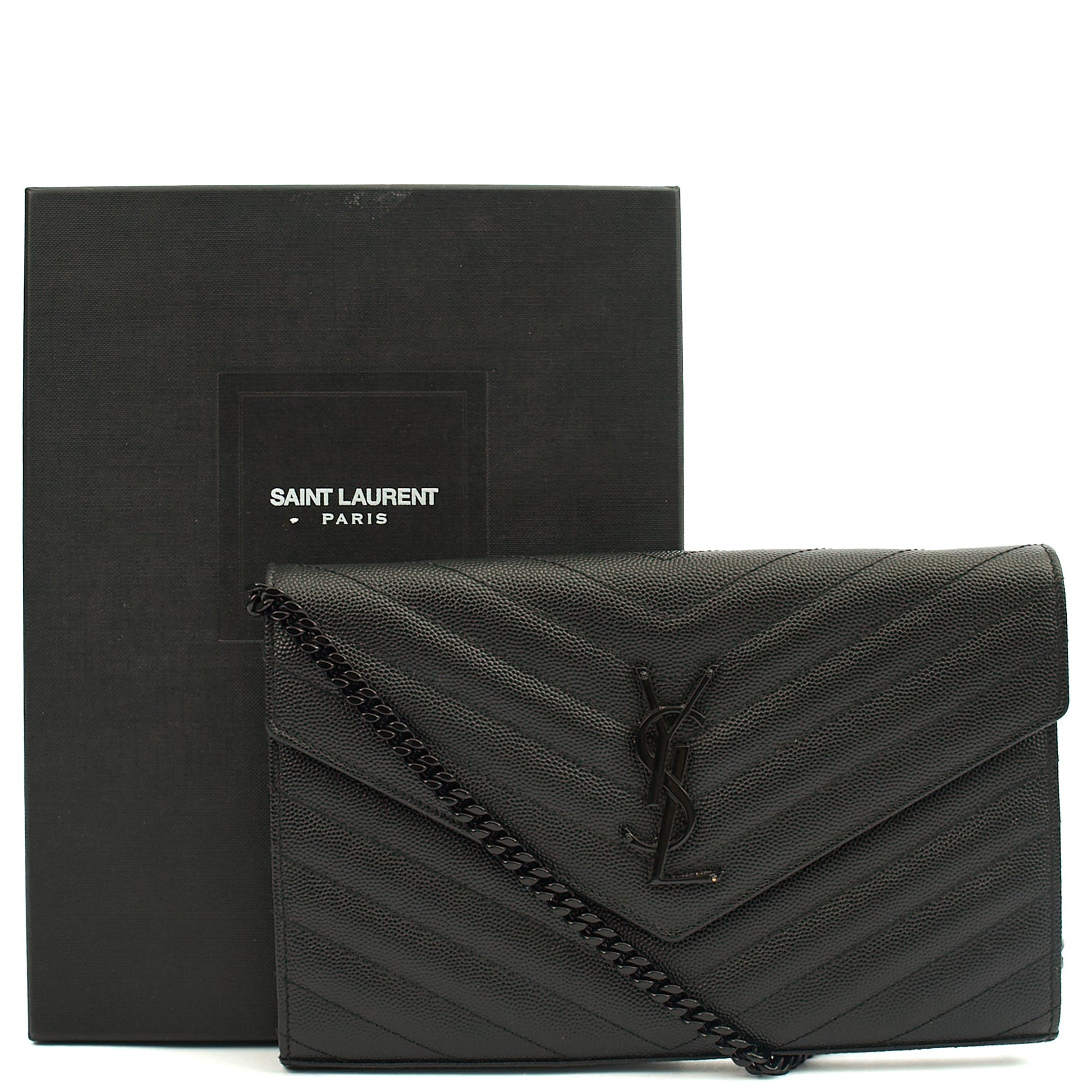 Saint Laurent Cross Body Envelope Chain Wallet in Black, Leather — Lifestyle View