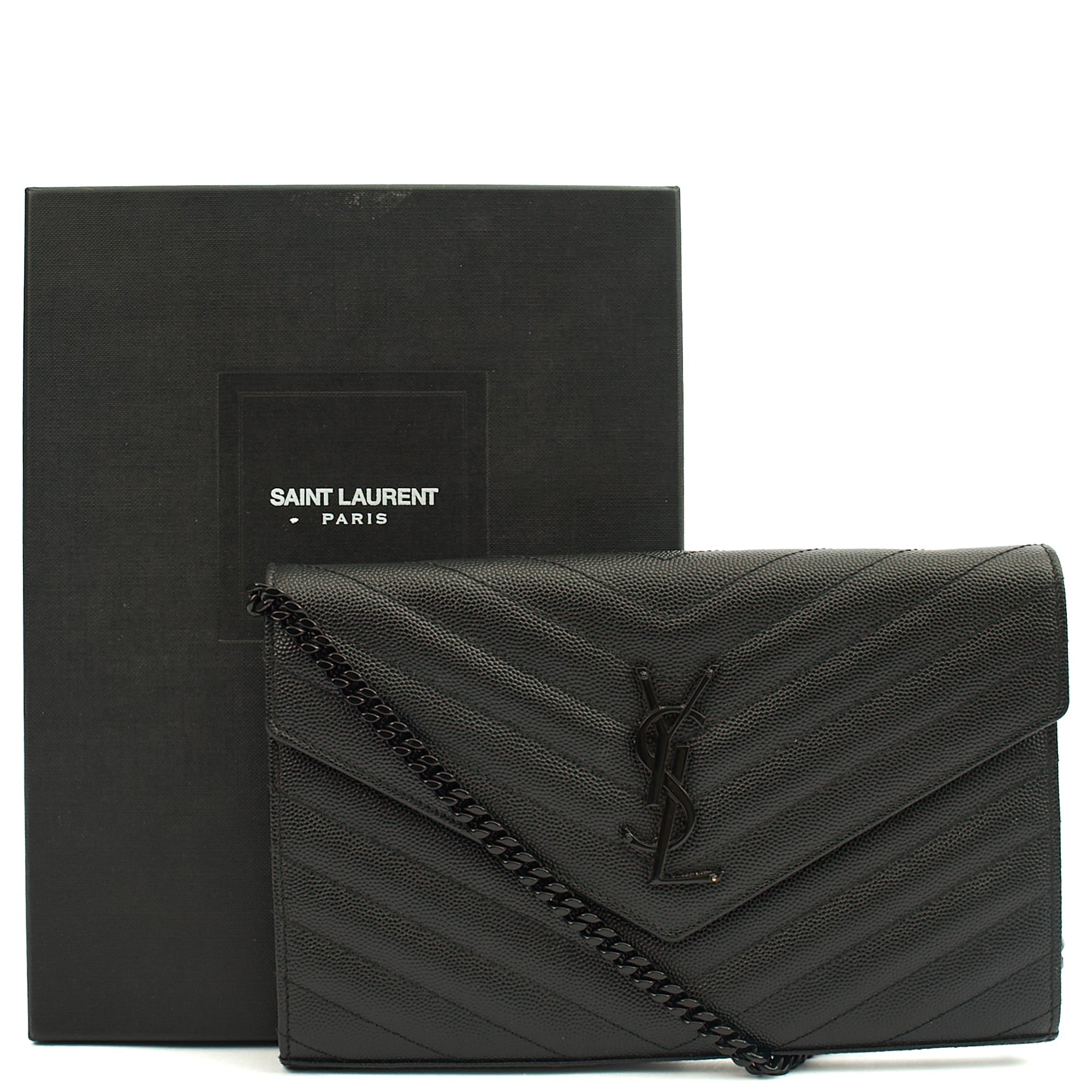 Saint Laurent Cross Body Envelope Chain Wallet in Black, Leather — Lifestyle View