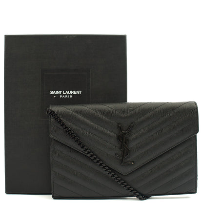 Saint Laurent Cross Body Envelope Chain Wallet in Black, Leather — Lifestyle View