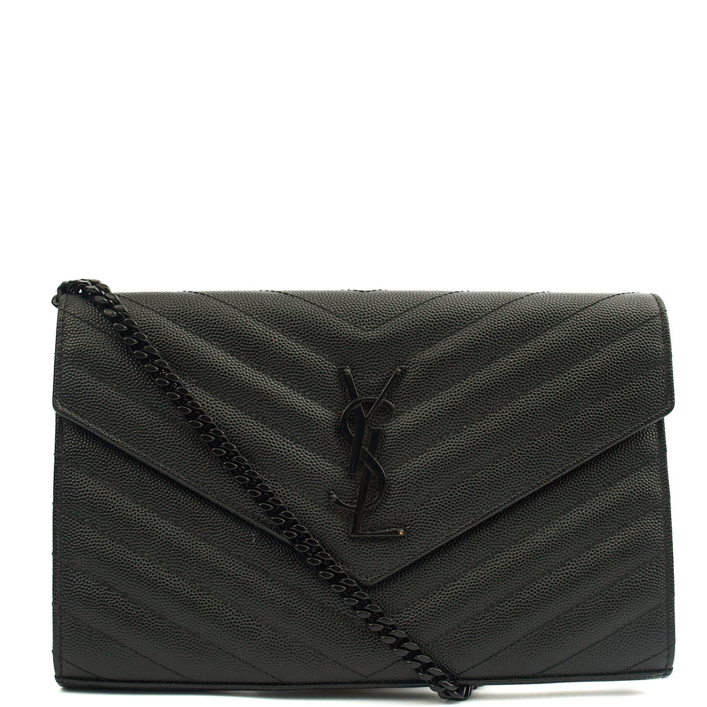 Saint Laurent Cross Body Envelope Chain Wallet in Black, Leather — Front View