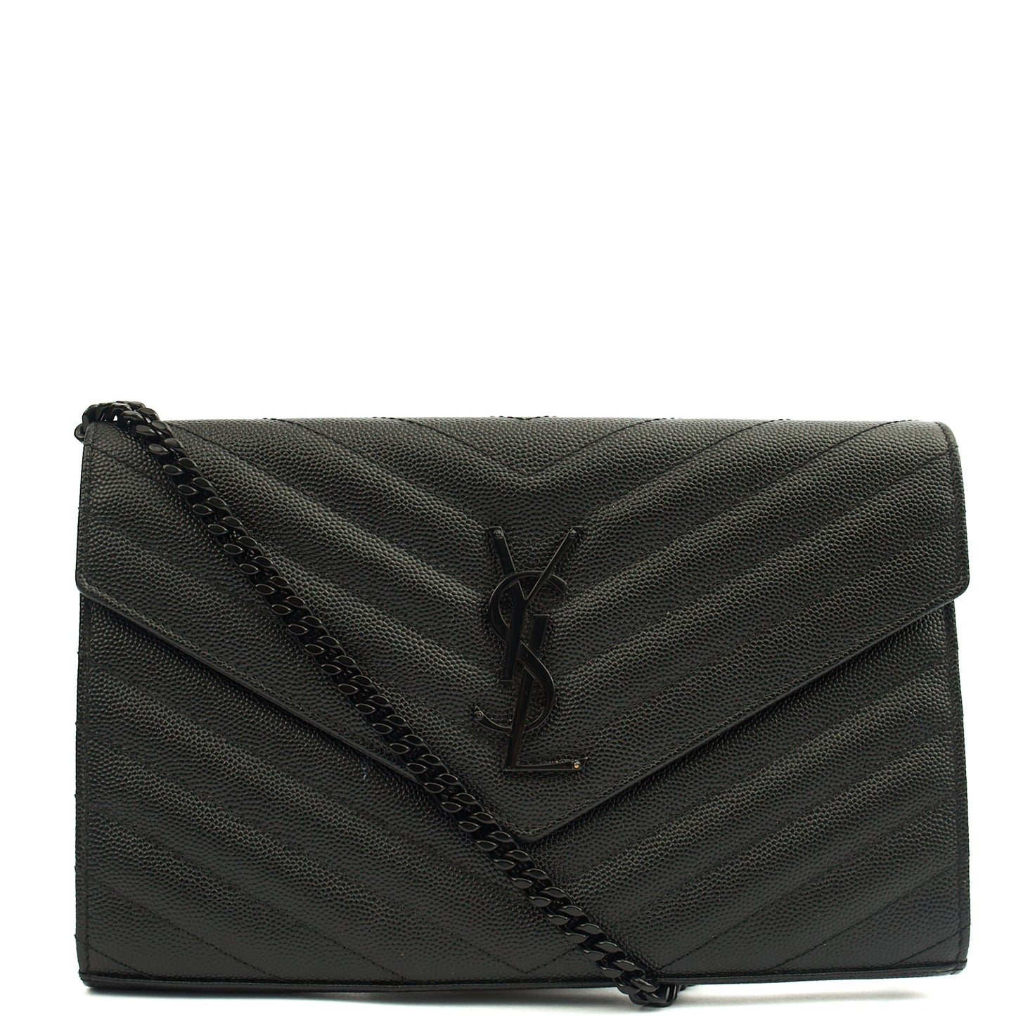 Saint Laurent Cross Body Envelope Chain Wallet in Black, Leather — Front View