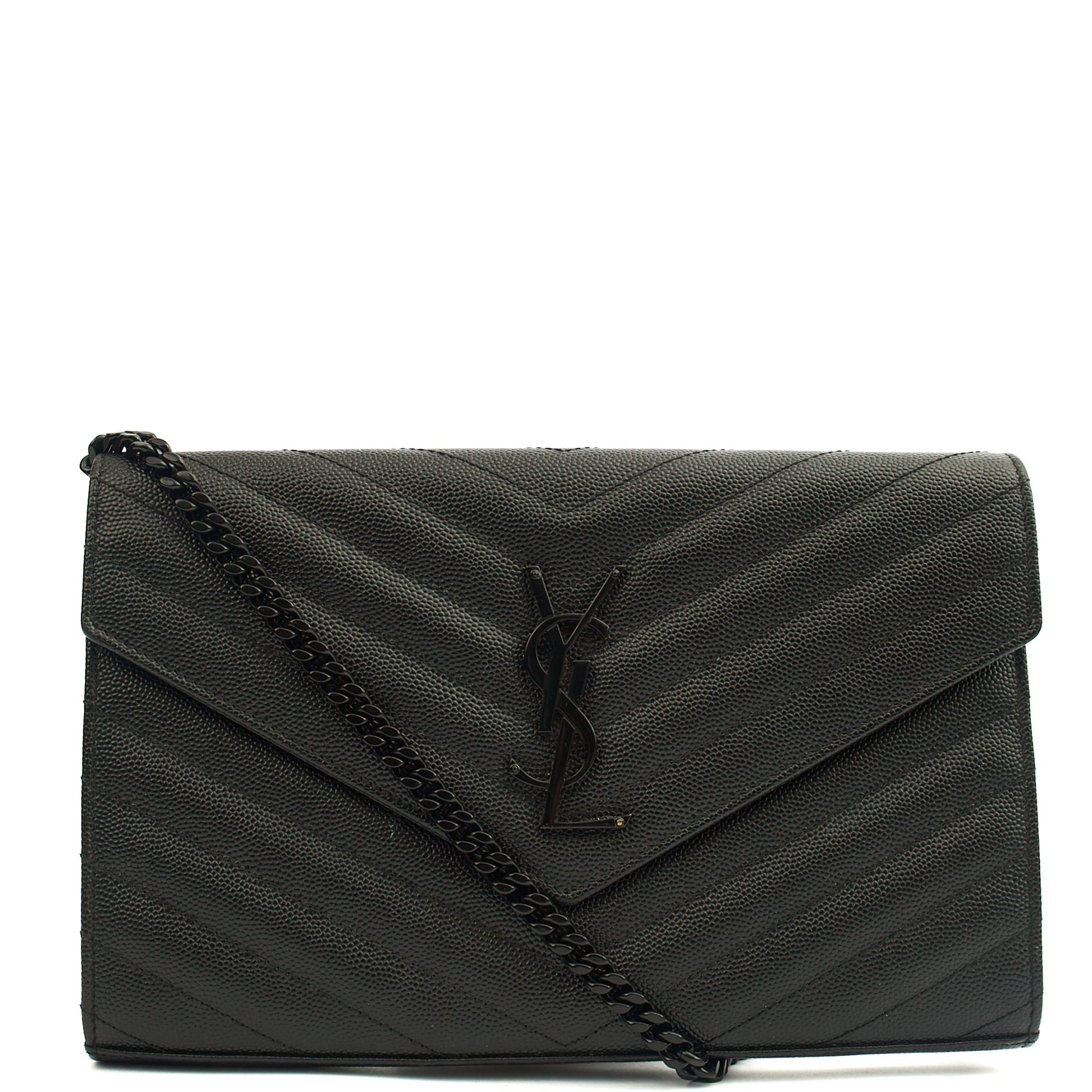 Saint Laurent Cross Body Envelope Chain Wallet in Black, Leather — Front View