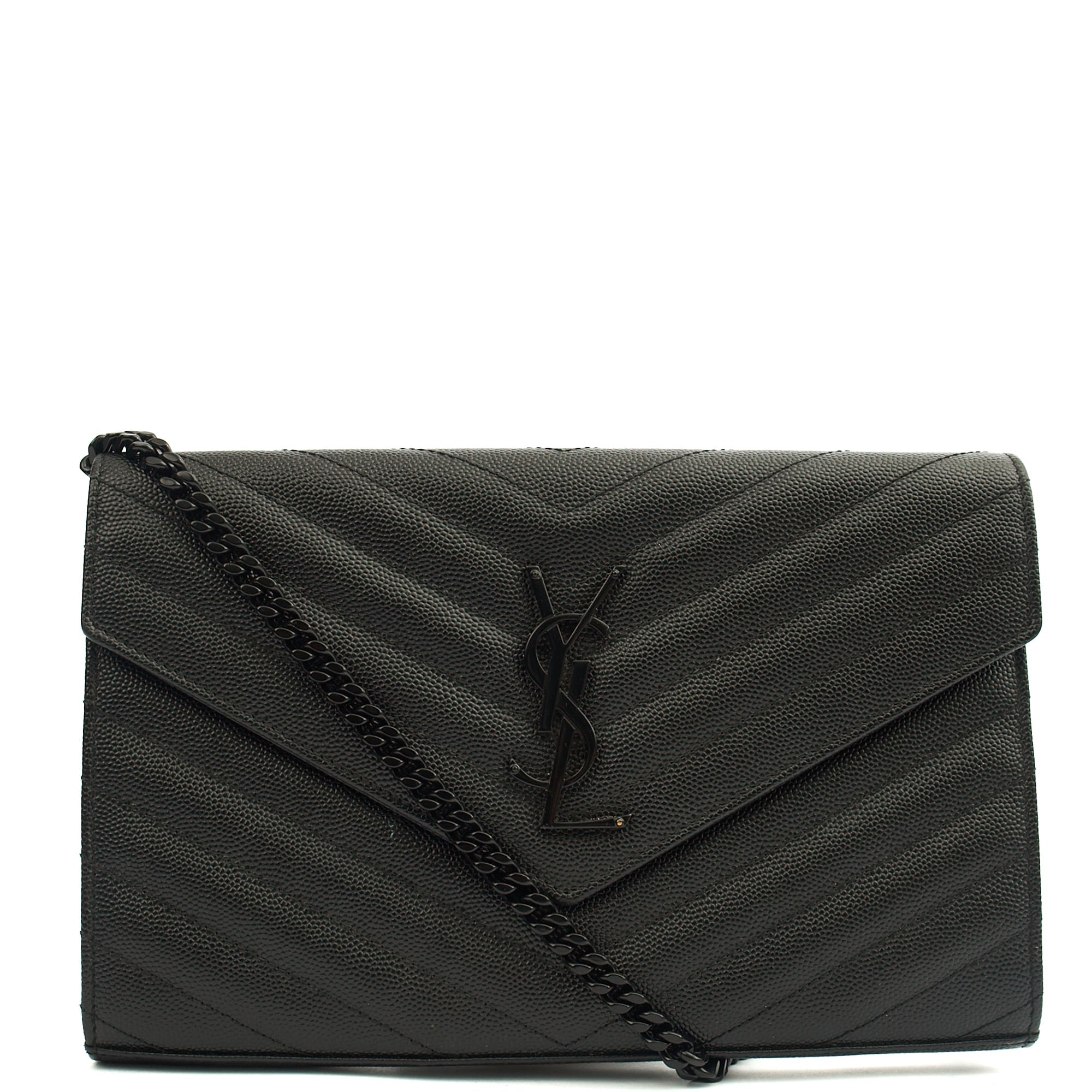 Saint Laurent Cross Body Envelope Chain Wallet in Black, Leather — Front View