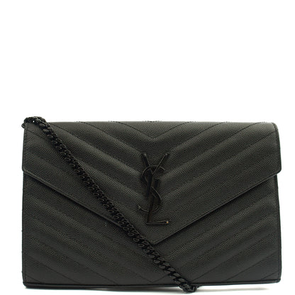 Saint Laurent Cross Body Envelope Chain Wallet in Black, Leather — Front View