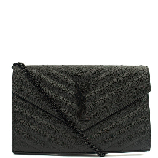Saint Laurent Cross Body Envelope Chain Wallet in Black, Leather — Front View