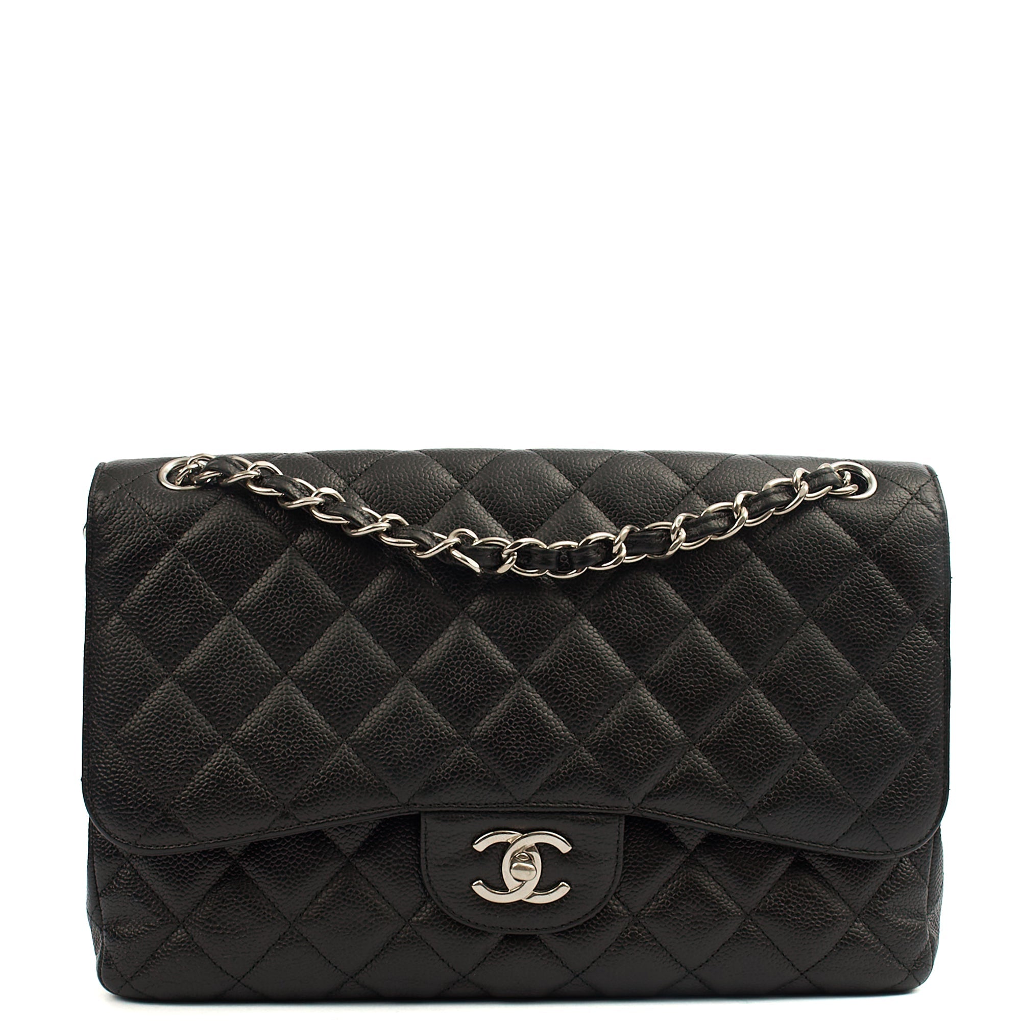 Chanel Shoulder Bag Classic Double Flap - Large in Black, Caviar Leather — Front View