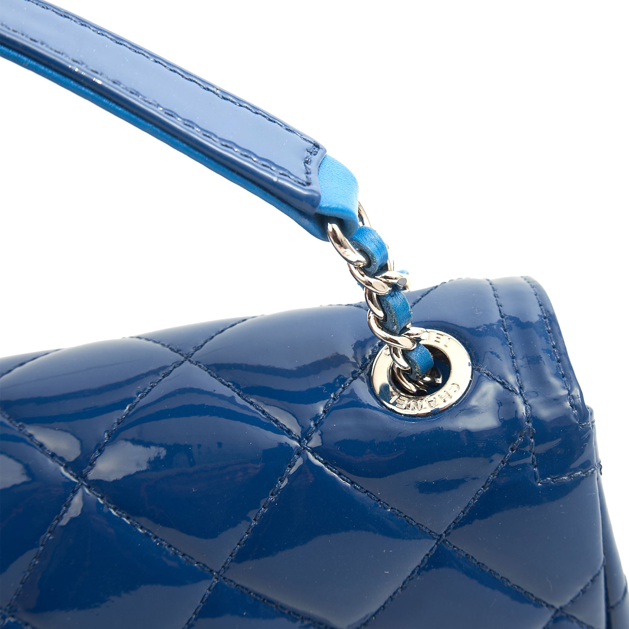 Chanel Shoulder Bag Classic Single Flap - Small in Blue, Patent Leather — Detail View
