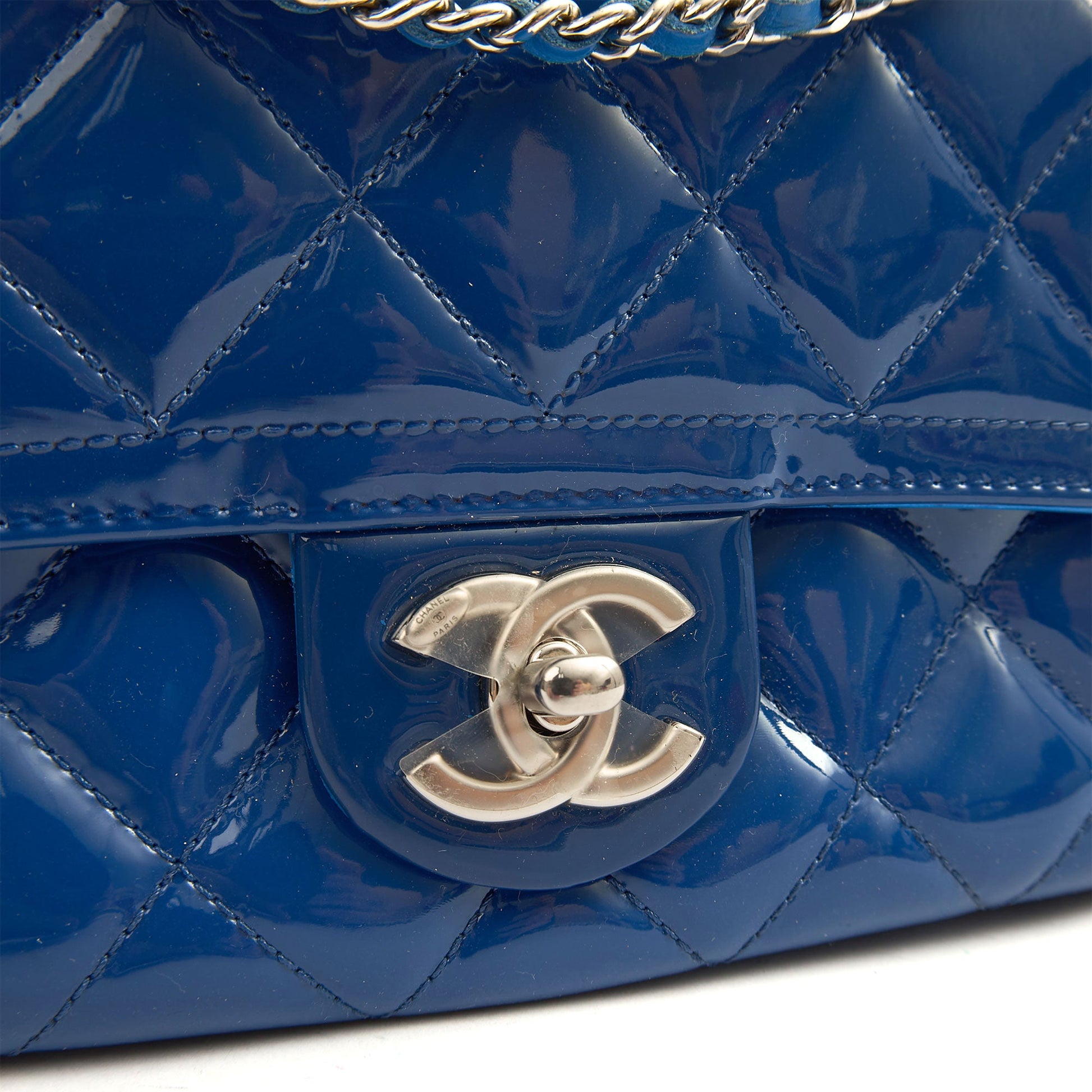 Chanel Shoulder Bag Classic Single Flap - Small in Blue, Patent Leather — Lifestyle View