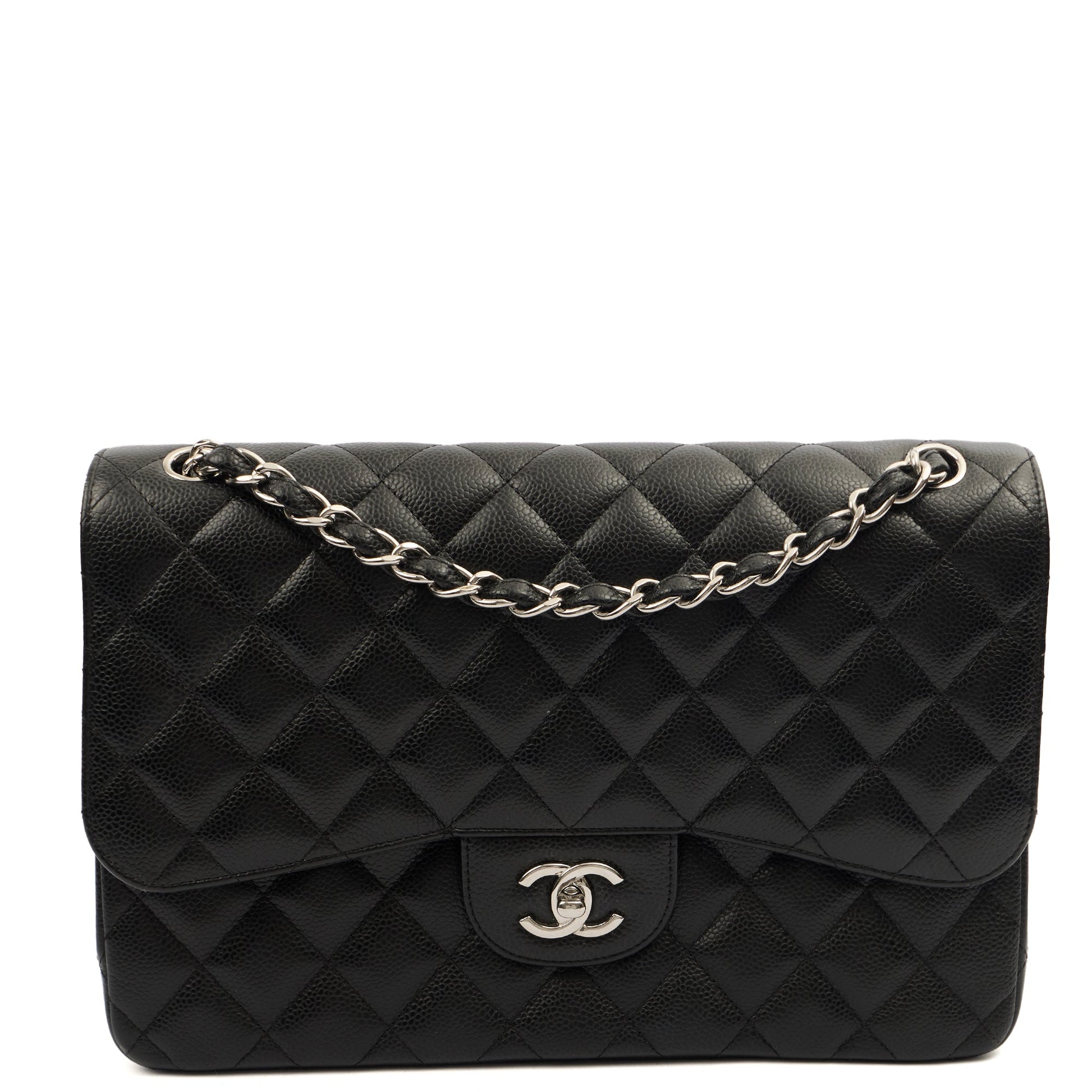 Chanel Shoulder Bag Classic Double Flap - Large in Black, Caviar Leather — Front View
