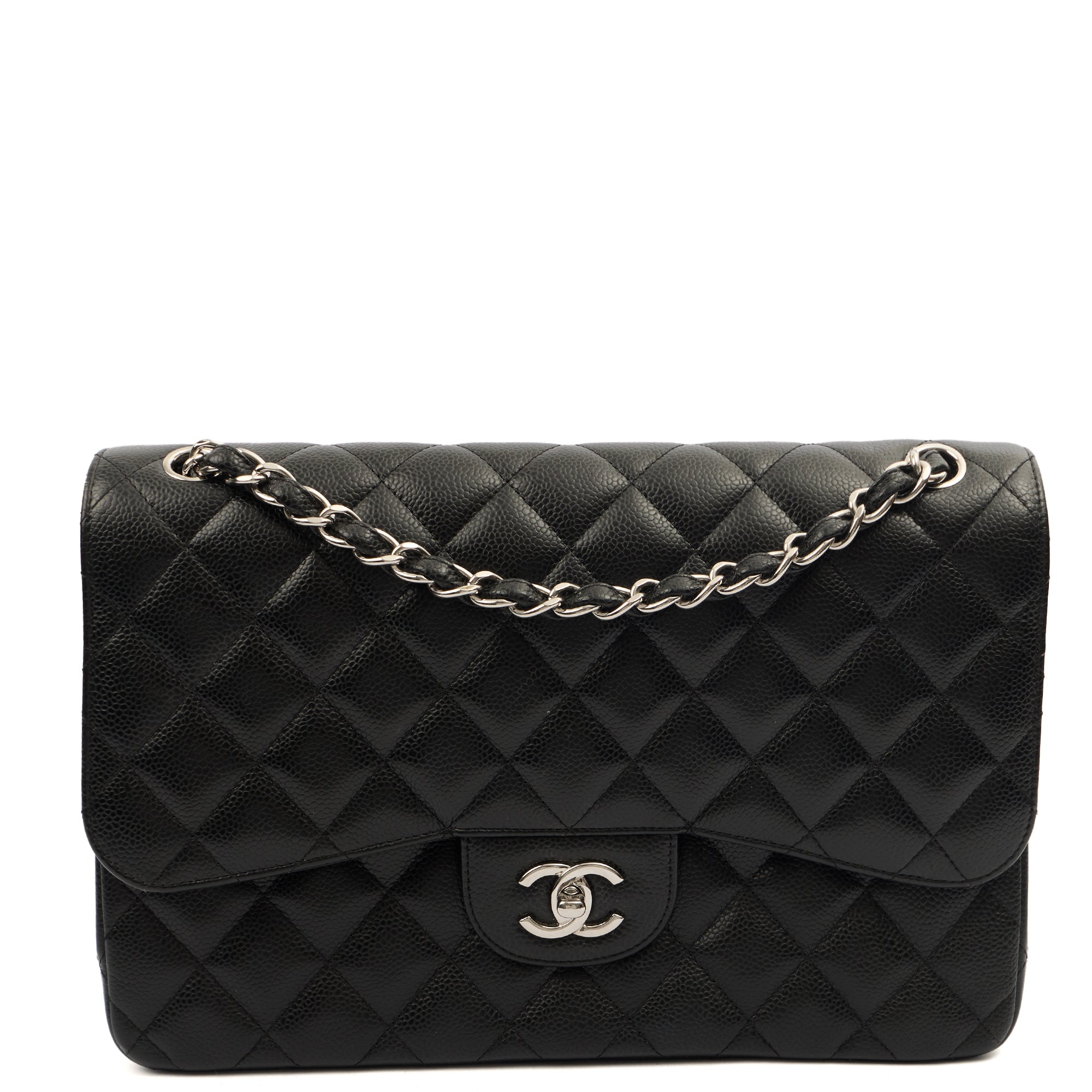 Chanel Shoulder Bag Classic Double Flap - Large in Black, Caviar Leather — Front View
