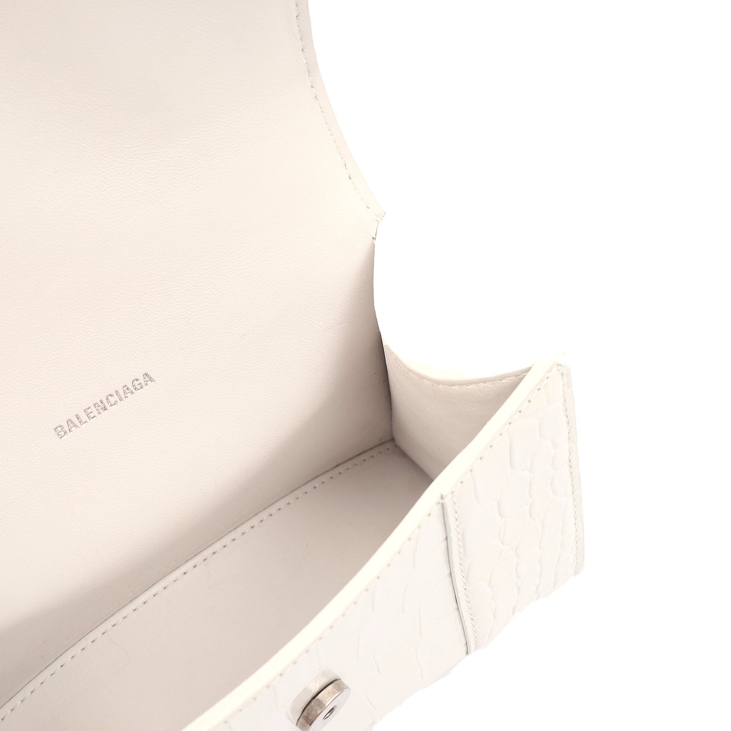 Balenciaga Mini Bag Hourglass Top Handle Small in White, Exotic Effect Leather — Detail View