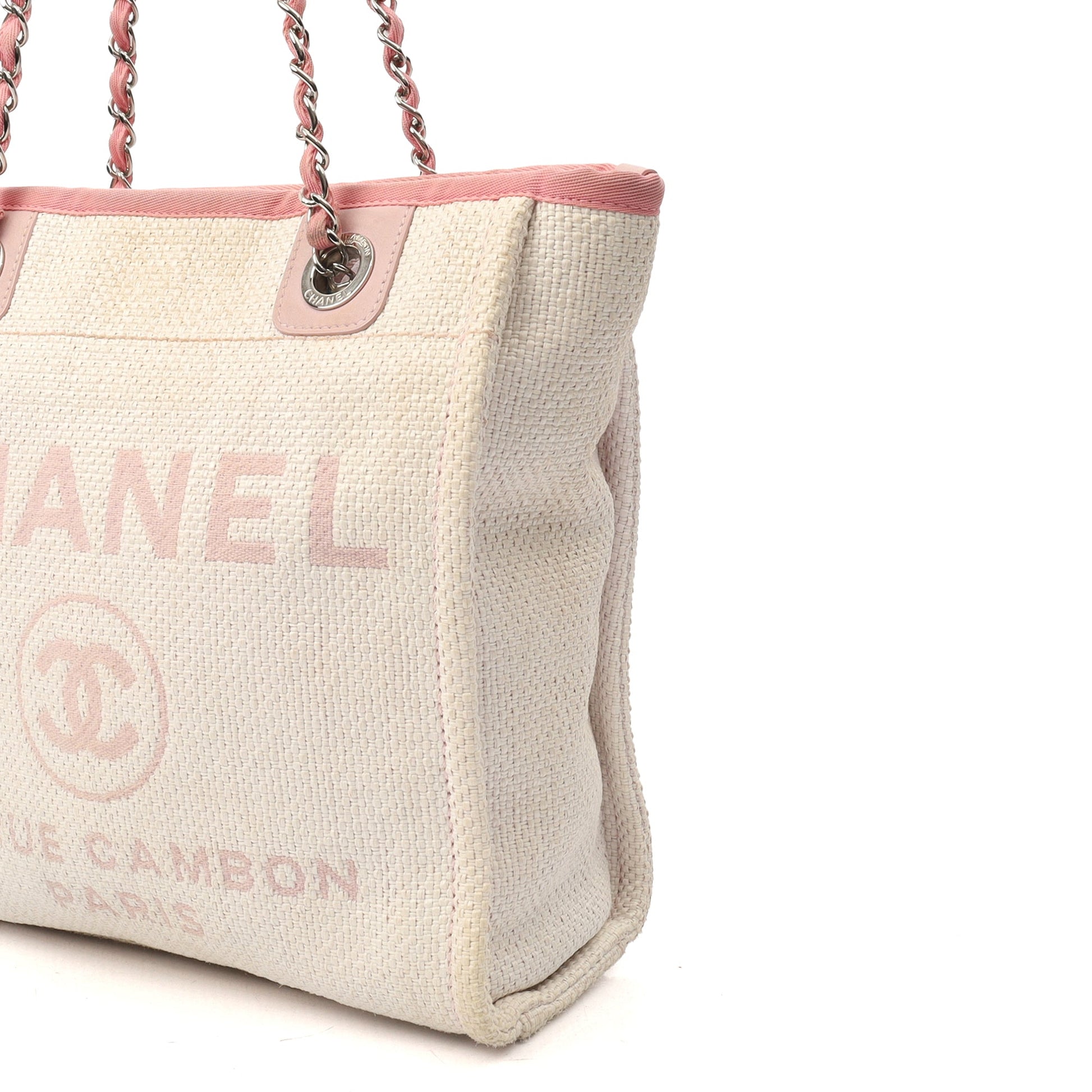 Chanel Tote Deauville Tote - Small in Pink, Fabric — Detail View