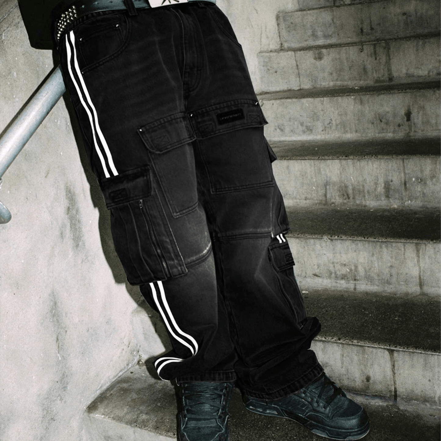 Unknown Black Striped Denim Cargos — XXS — Back View