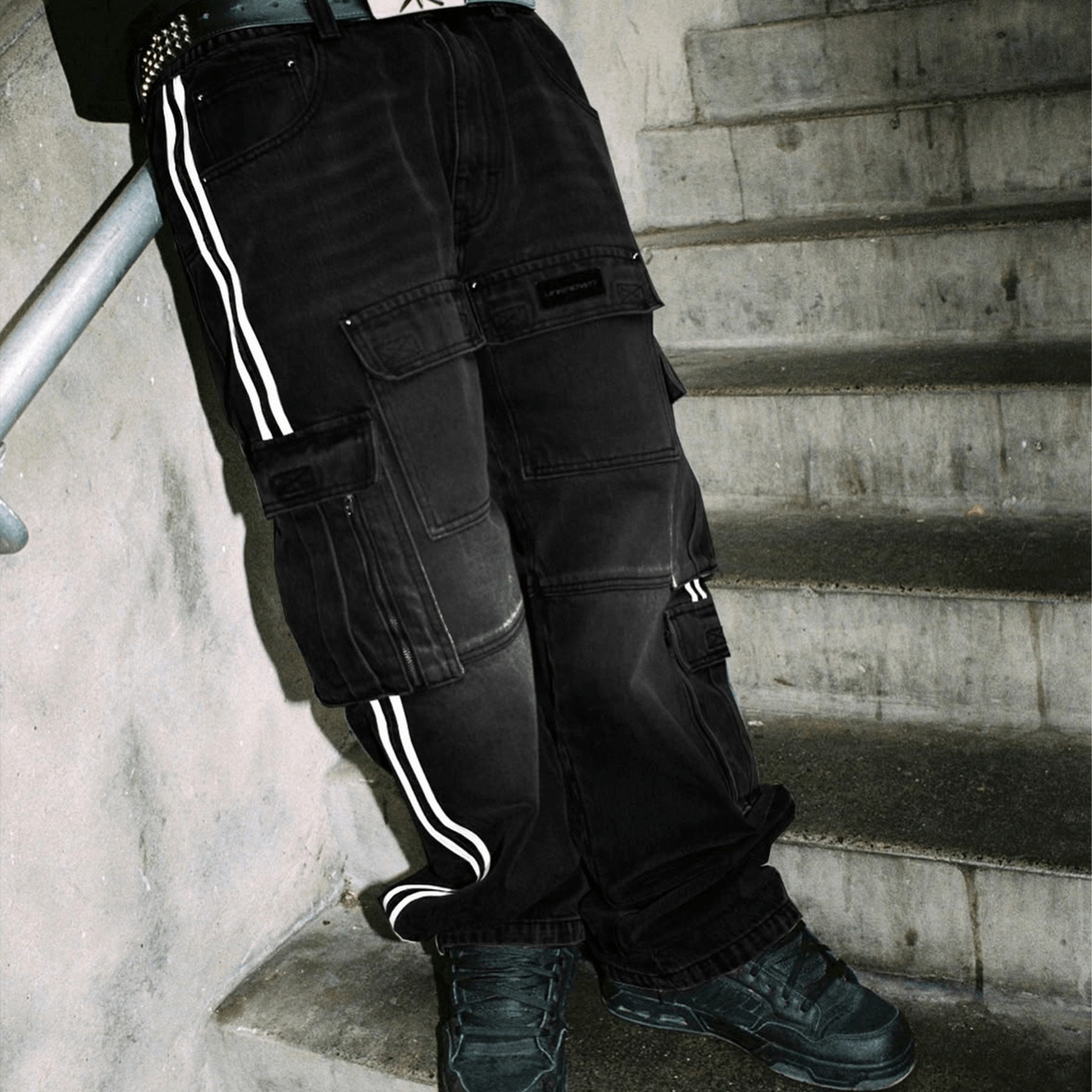 Unknown Black Striped Denim Cargos — XXS — Back View