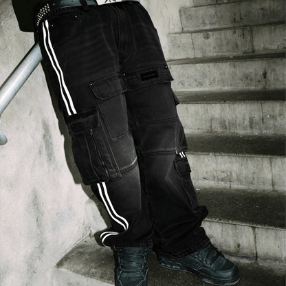 Unknown Black Striped Denim Cargos — XXS — Back View