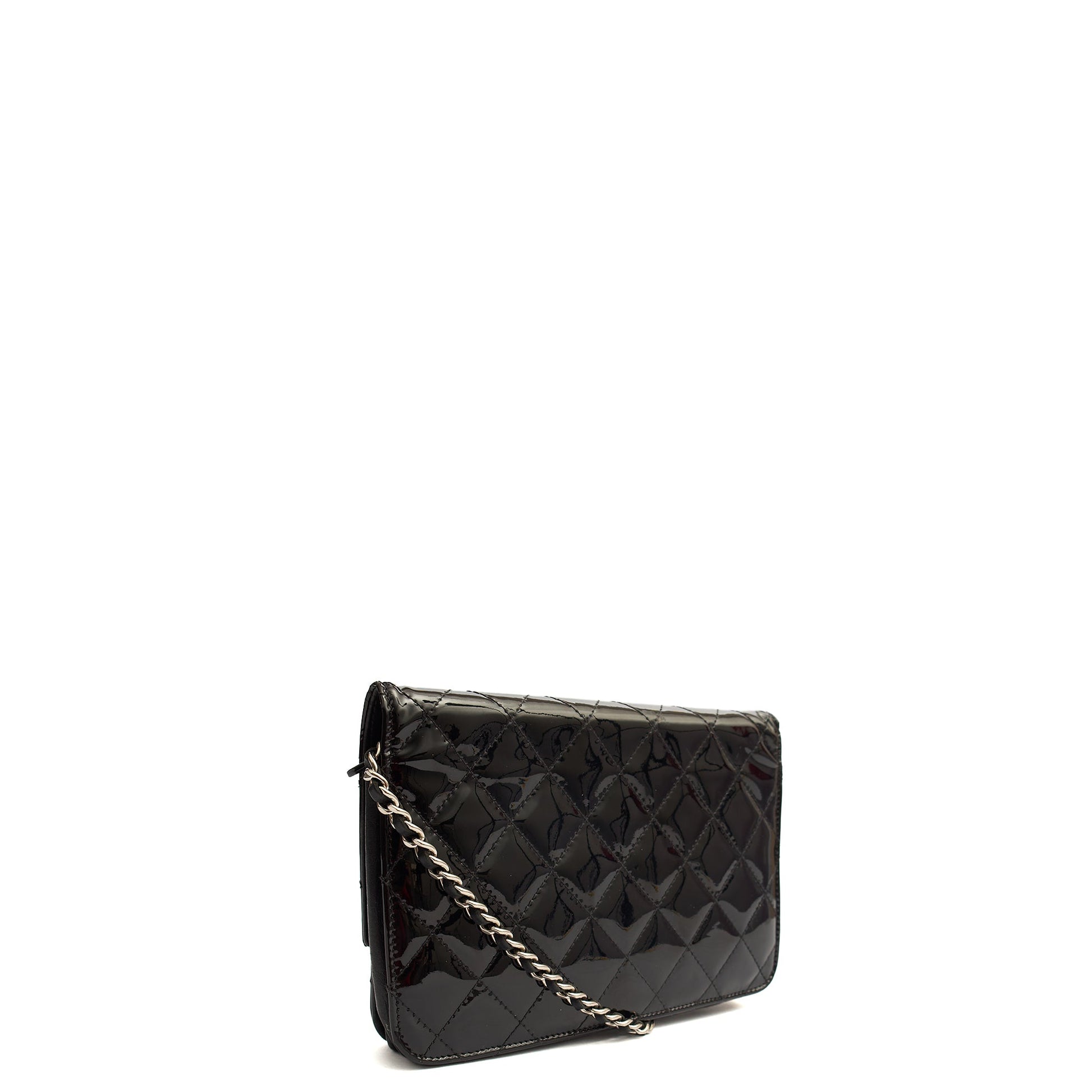 Chanel Cross Body Wallet on Chain in Black, Patent Leather — Side View