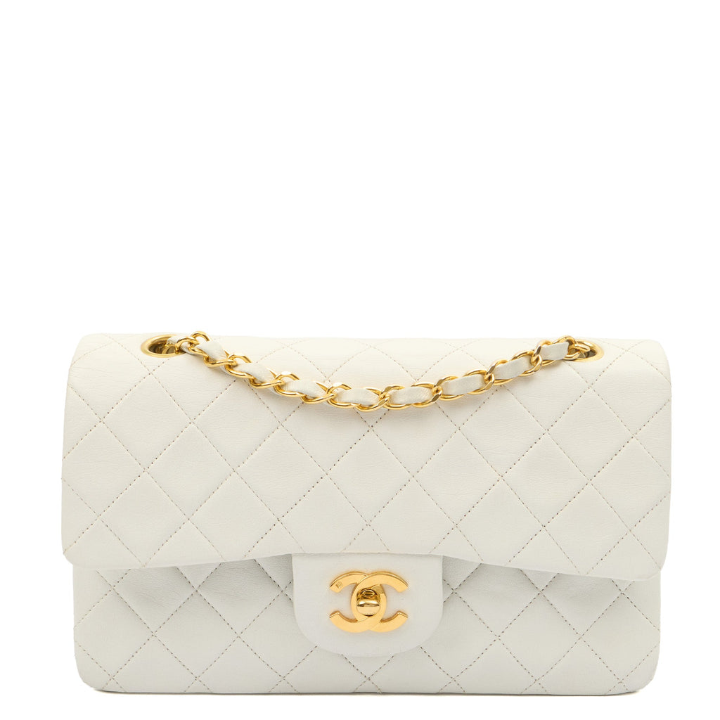 Chanel Shoulder Bag Classic Double Flap - Medium in White, Lambskin Leather — Front View