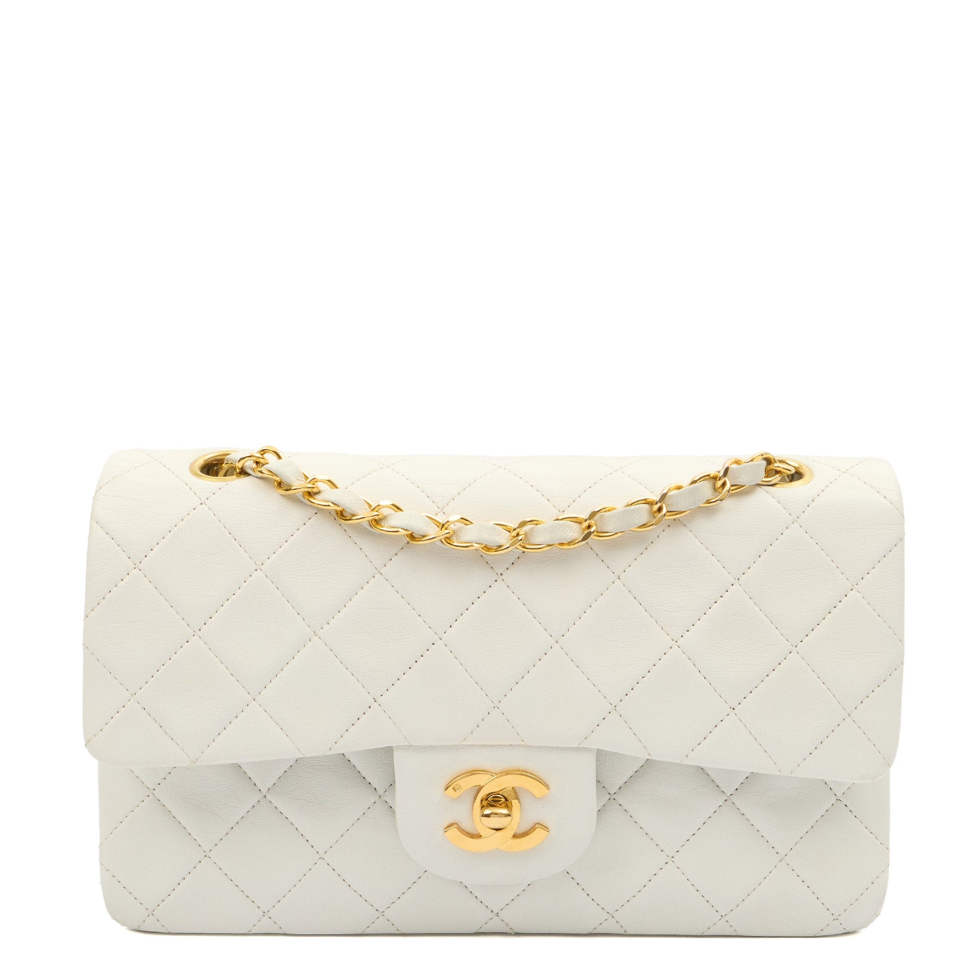 Chanel Shoulder Bag Classic Double Flap - Medium in White, Lambskin Leather — Front View