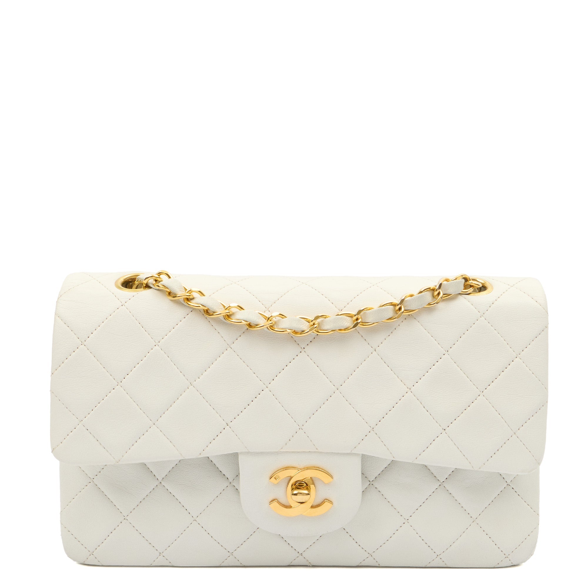 Chanel Shoulder Bag Classic Double Flap - Medium in White, Lambskin Leather — Front View