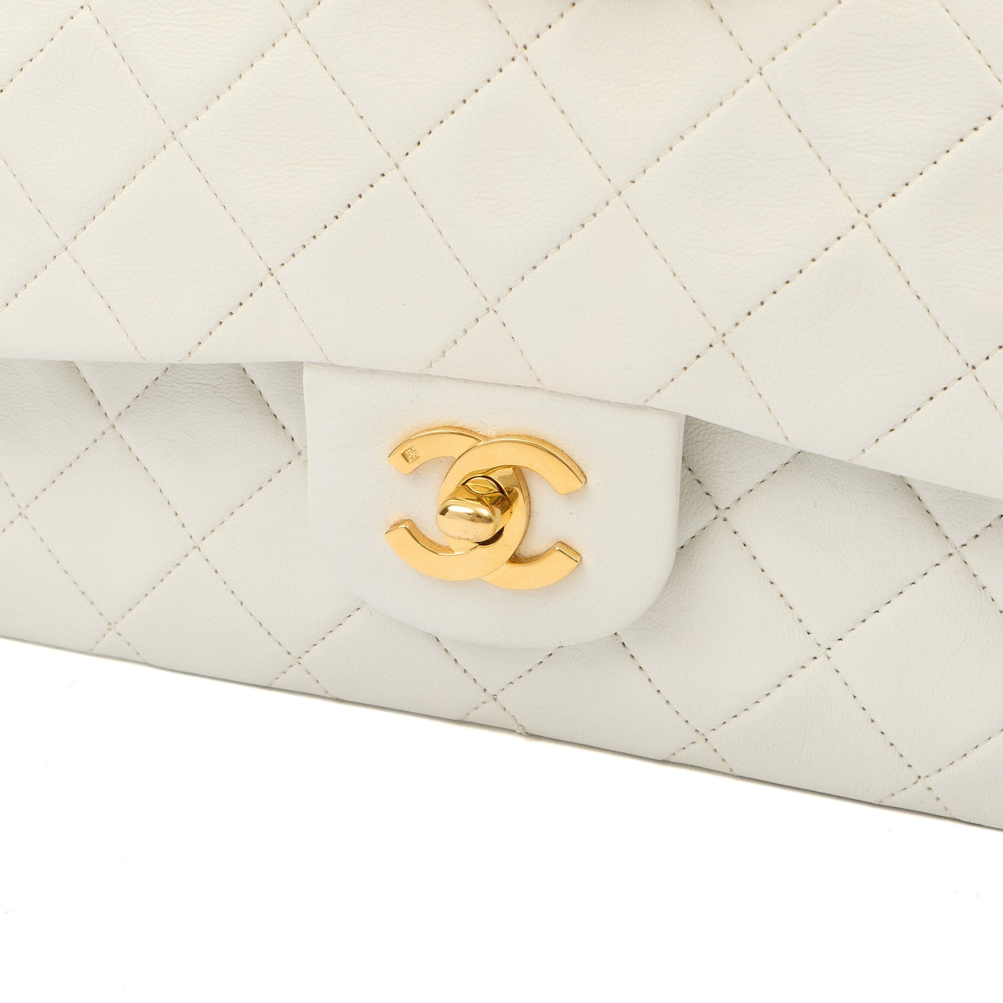 Chanel Shoulder Bag Classic Double Flap - Medium in White, Lambskin Leather — Back View