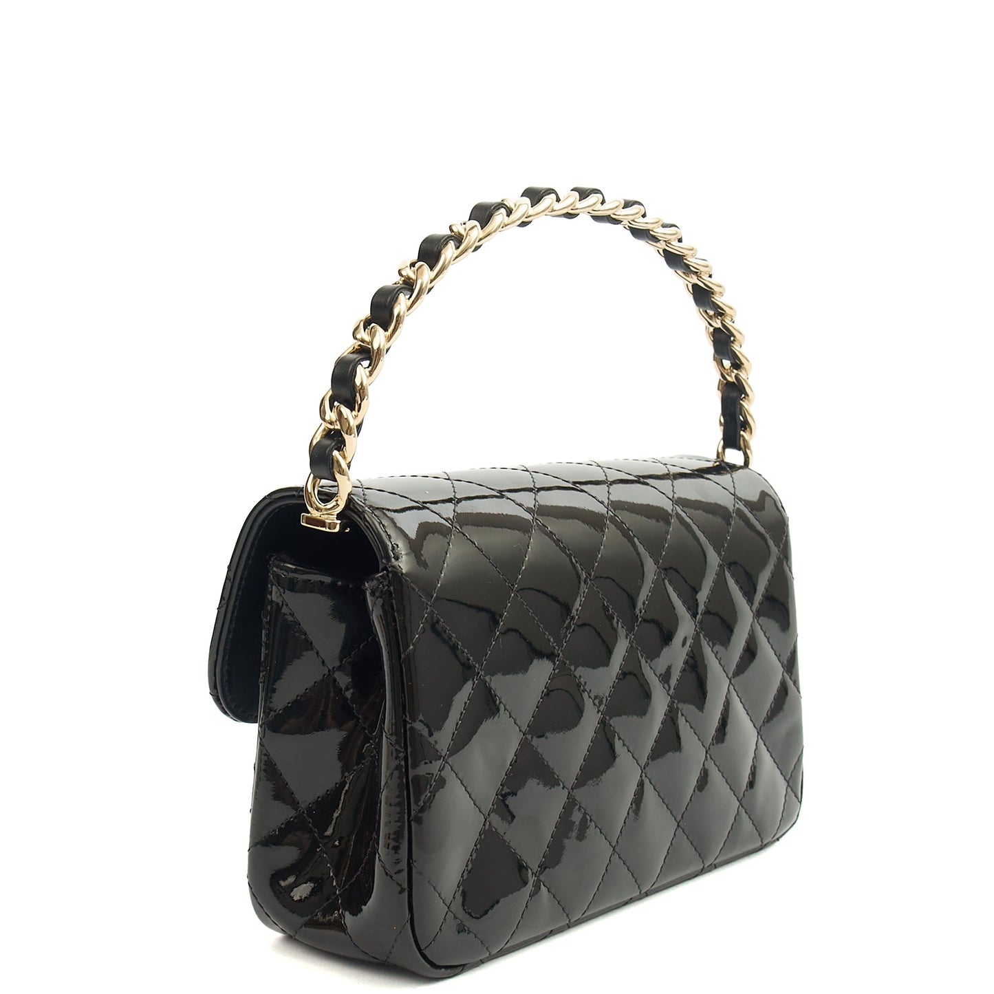 Chanel Top Handle Flap Bag With Top Handle in Black, Patent Leather — Back View