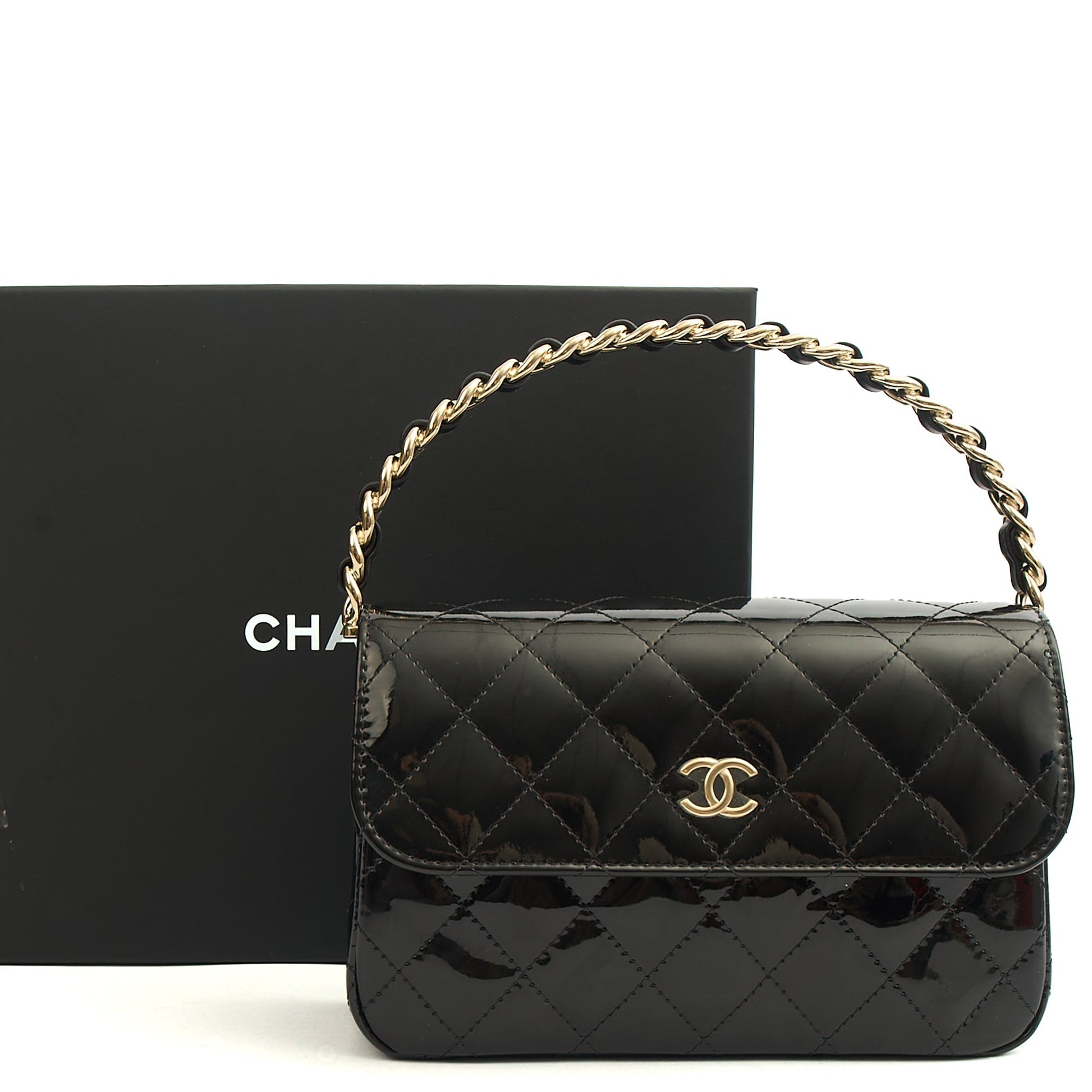 Chanel Top Handle Flap Bag With Top Handle in Black, Patent Leather — Alternate View 16